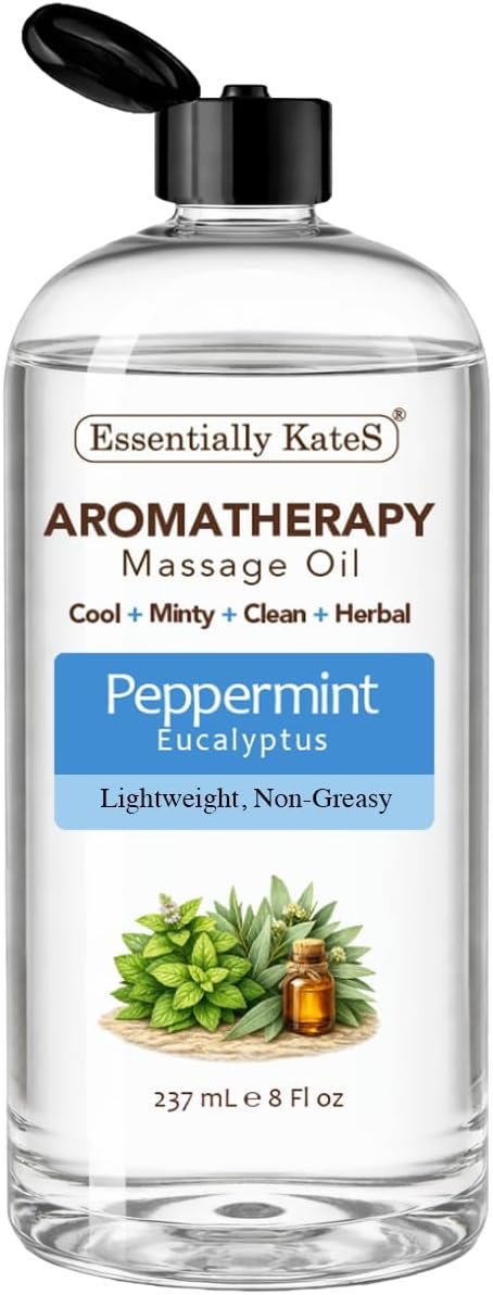 Aromatherapy Massage Oil – Peppermint & Eucalyptus – Cooling, Lightweight, Non-Greasy Body Oil with Fractionated Coconut Oil – Refreshing & Invigorating – 8 fl oz