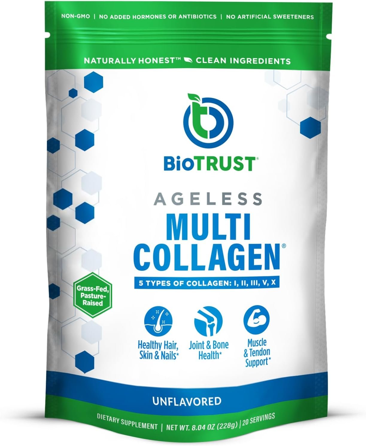 BioTrust Multi Collagen Peptides Unflavored Powder – Hydrolyzed, Grass Fed