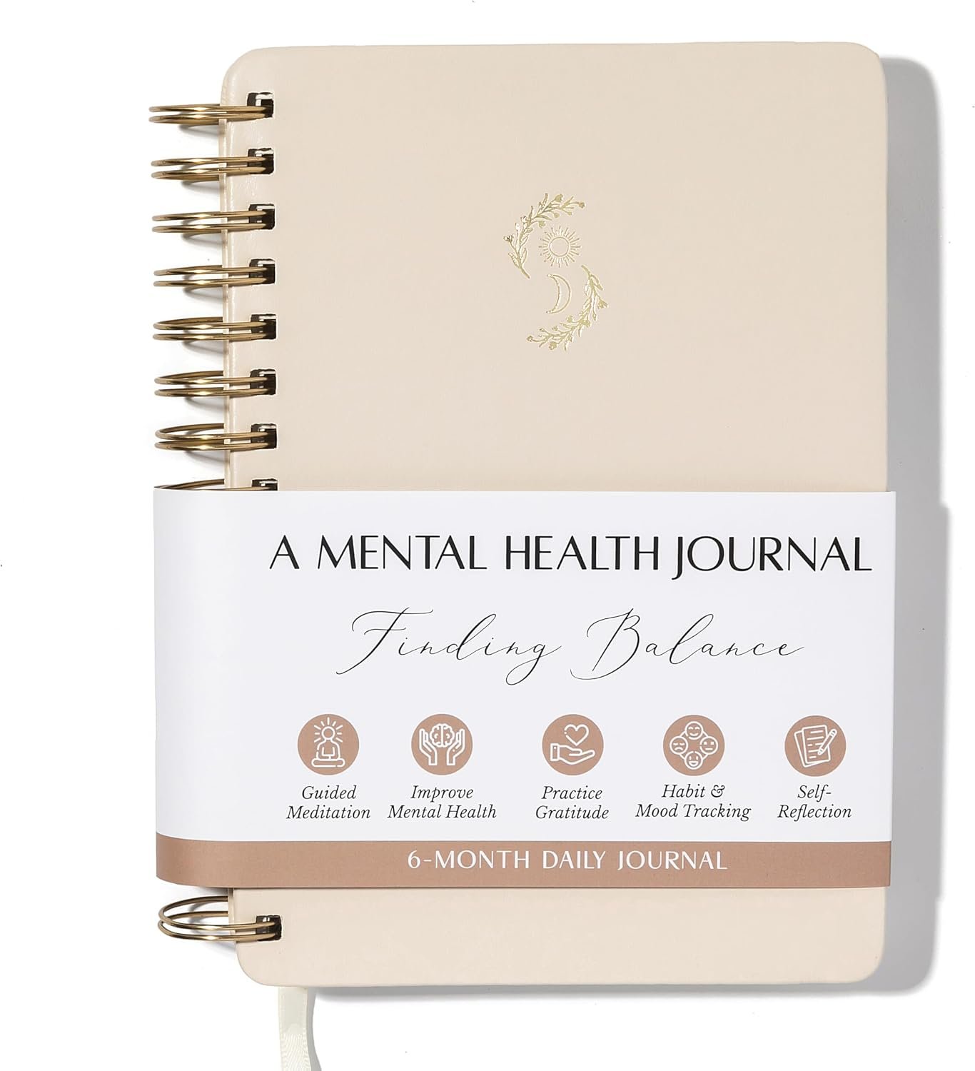 FINDING BALANCE Mental Health Journal – 6-Month Daily Journal with Prompts for Mindfulness, Self-Care & Healing – Anxiety & Depression Relief – Beige Spiral