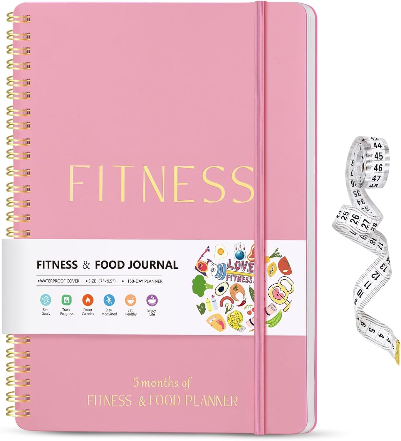 Fitness & Food Journal for Women, Undated 150-day Workout & Wellness Planner with Measuring Tape, Pink Weight Loss Journal for Setting Goals Tracking Exercise Training Diet Progress (9.5’’*7’’)