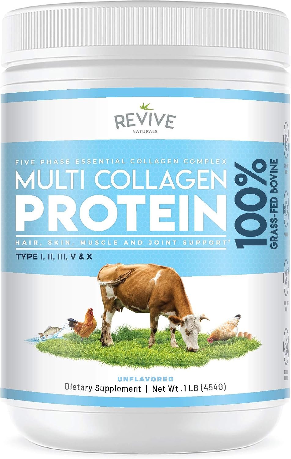 Revive Naturals Multi Collagen Hydrolyzed Protein Powder (16oz) – Types I, II, III, V & X – Grass Fed Bovine, Wild Caught Marine, Free Roaming Chicken & Eggshell Collagen Peptides,