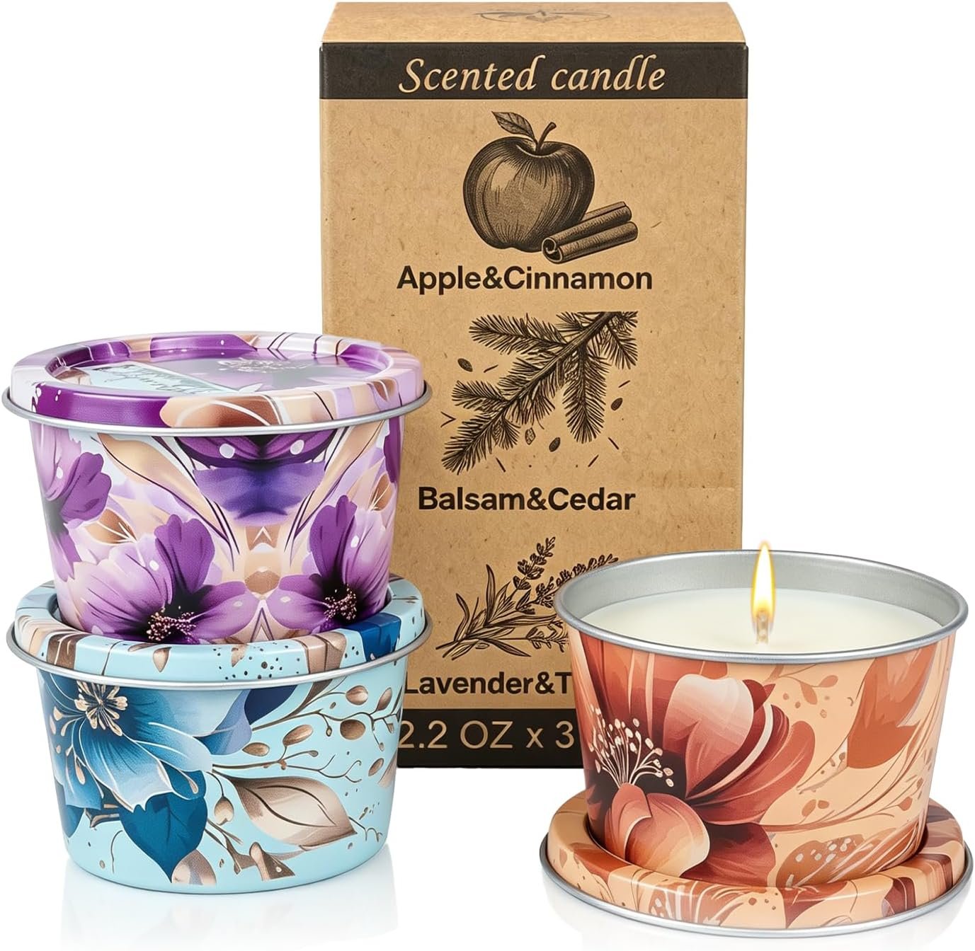 3 Pack Scented Candle Gift Set,Lavender Thyme,Apple Cinnamon & Balsam Cedar,2.2 oz Each,Soy Wax Tin Candles,Gifts for Women,Mom,Friends,Home Decor