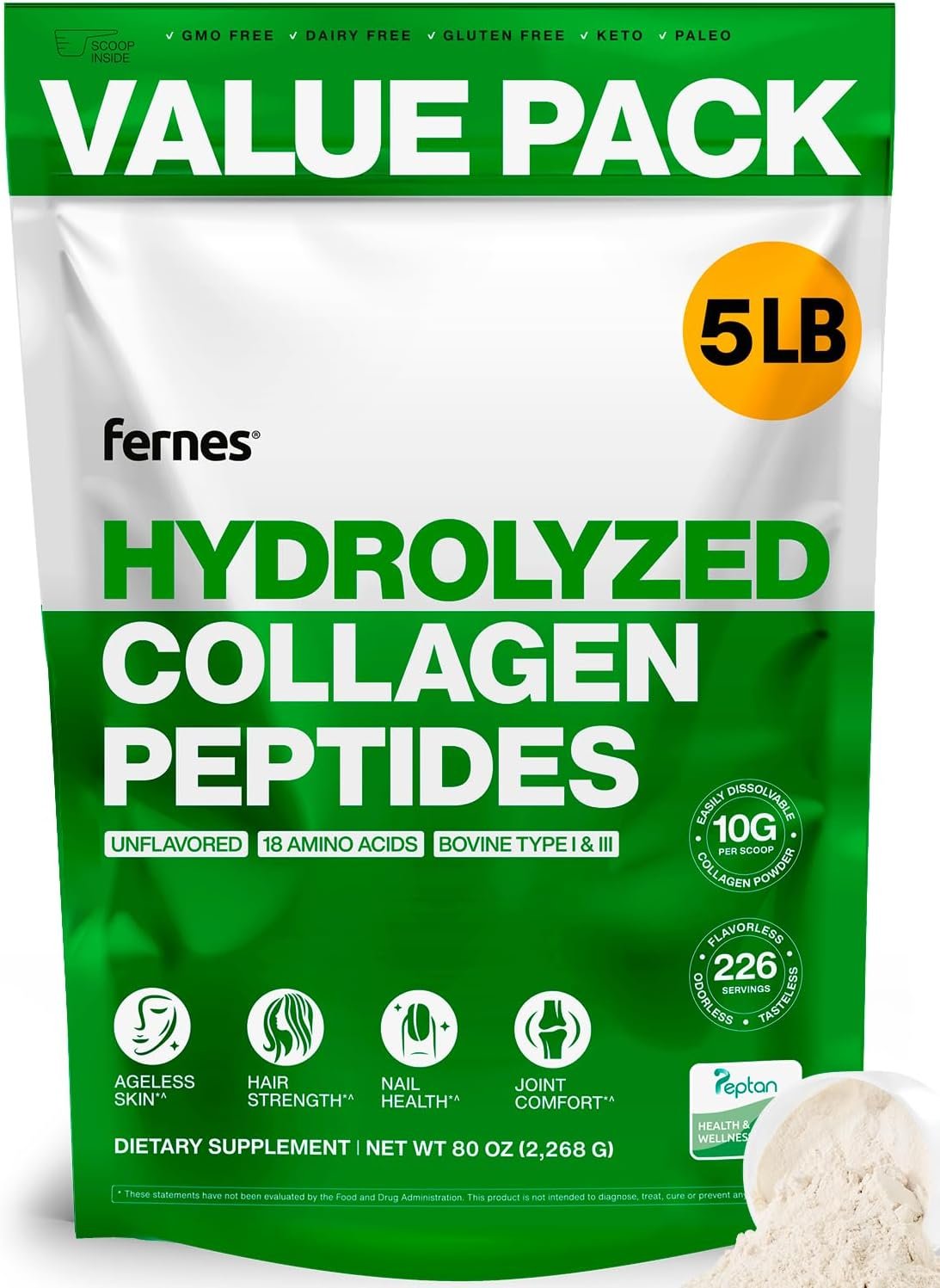 Hydrolyzed Collagen Peptides Protein Powder 5 LB Bulk, 226 Servings