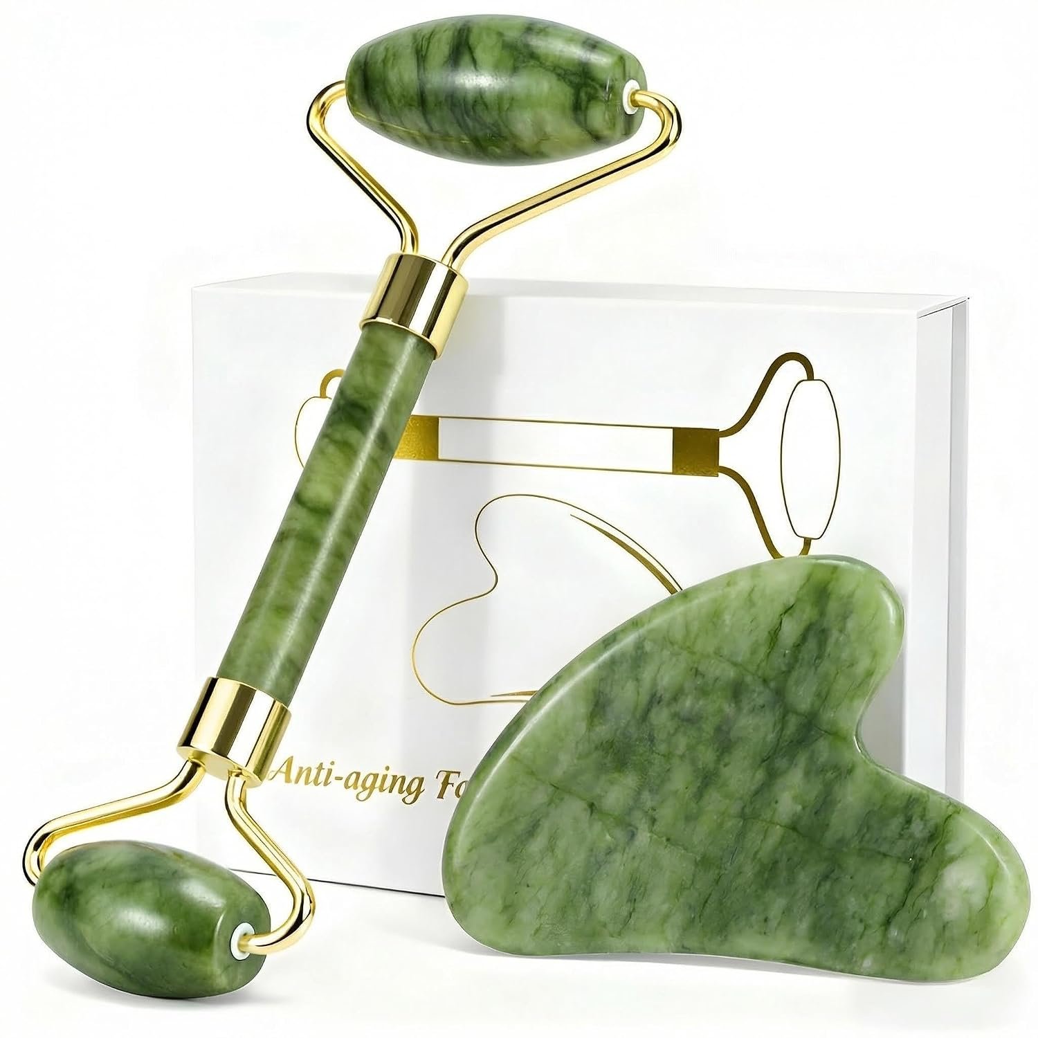 Natural Jade Face Roller & Gua Sha Set Facial Massage Tools