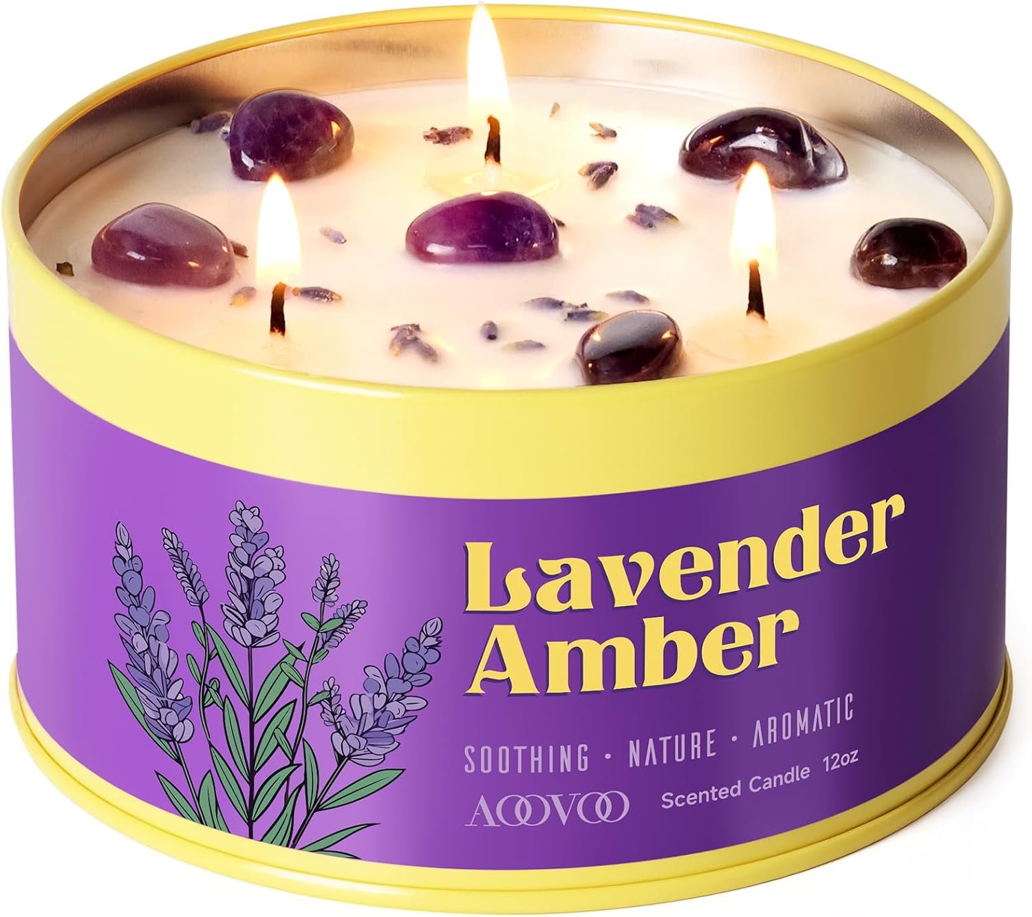 AOOVOO Lavender Candle for Relax – 12oz Large Scented Candle with Crystal