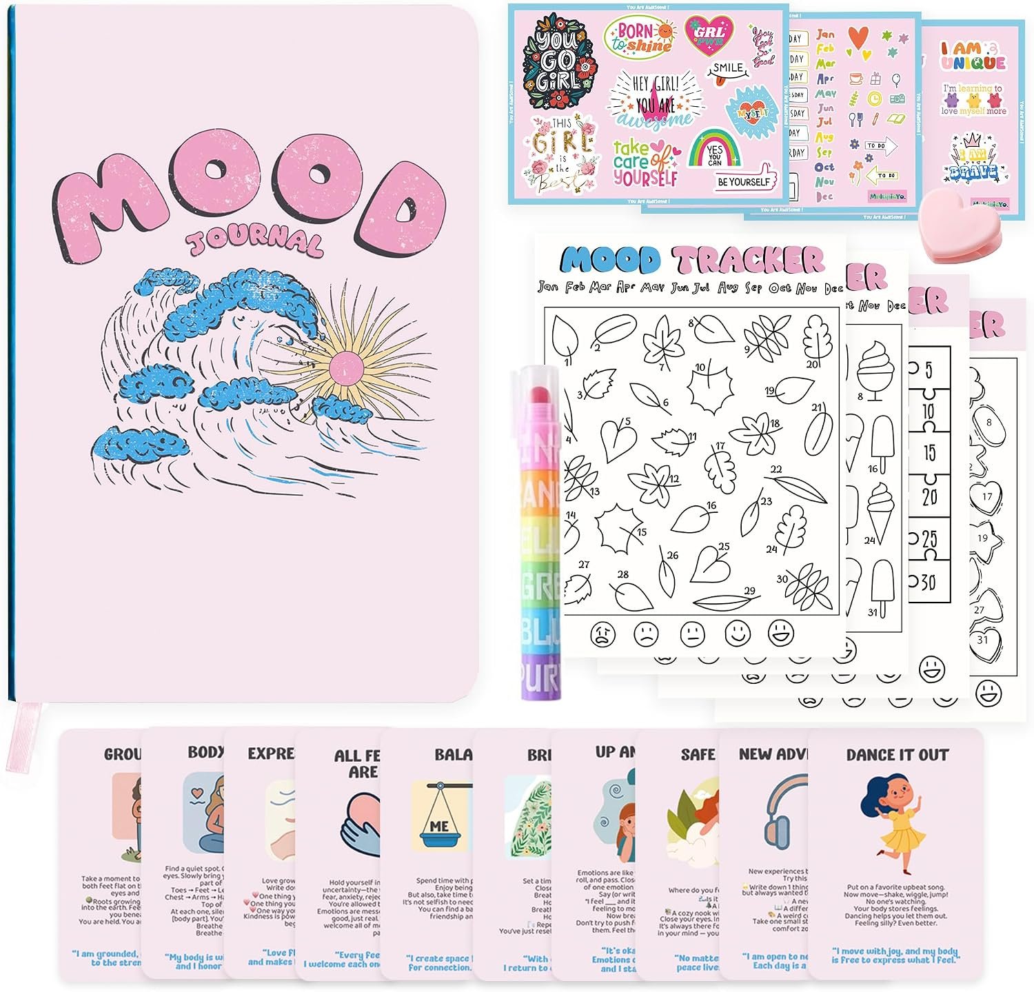 Mood Tracker Journal Set for Teen Girls & Tweens, Self Care Gift(Pink)