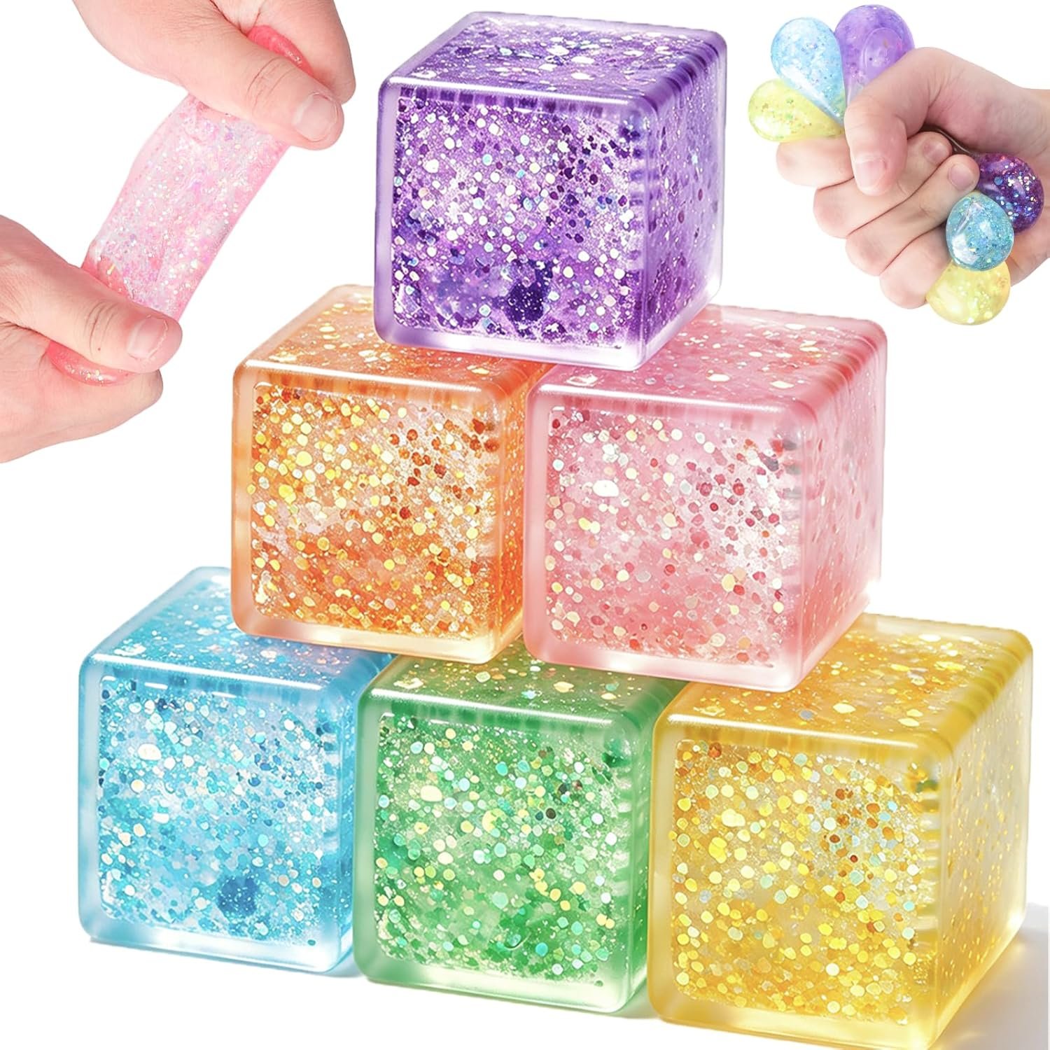6 Pack Ice Cube Squishy Stress Balls, Glitter Fidget Cube