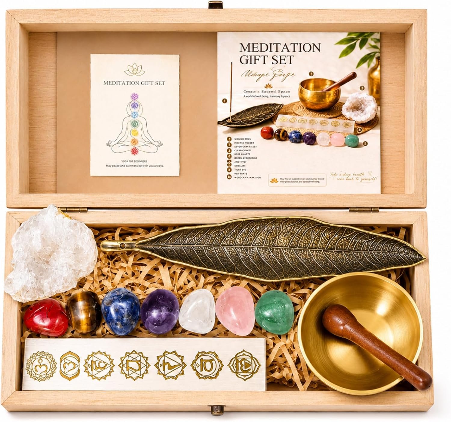 7 Chakra Meditation Kit, Singing Bowl Set, Wooden Gift Box