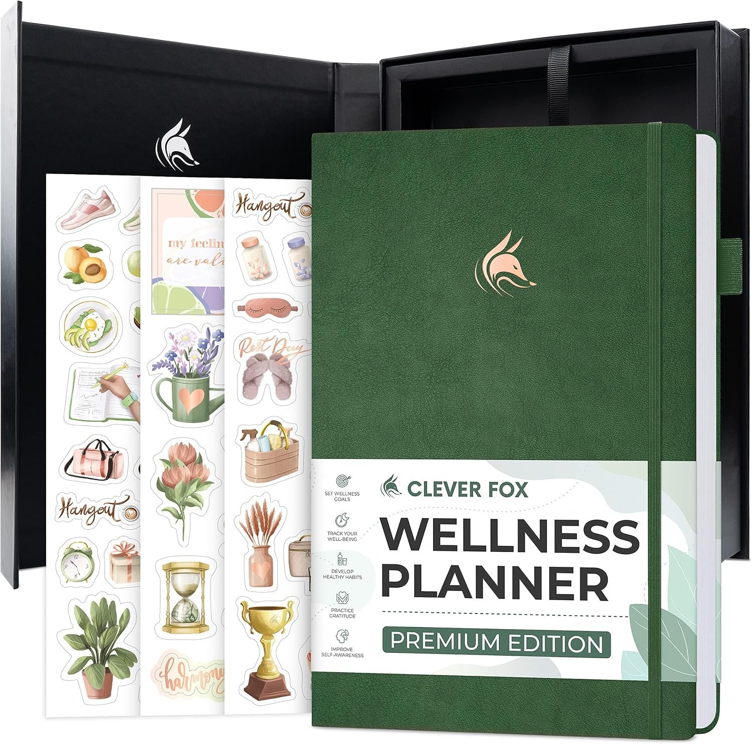 Clever Fox Wellness Journal Premium for Women, Workout & Food Forest Green