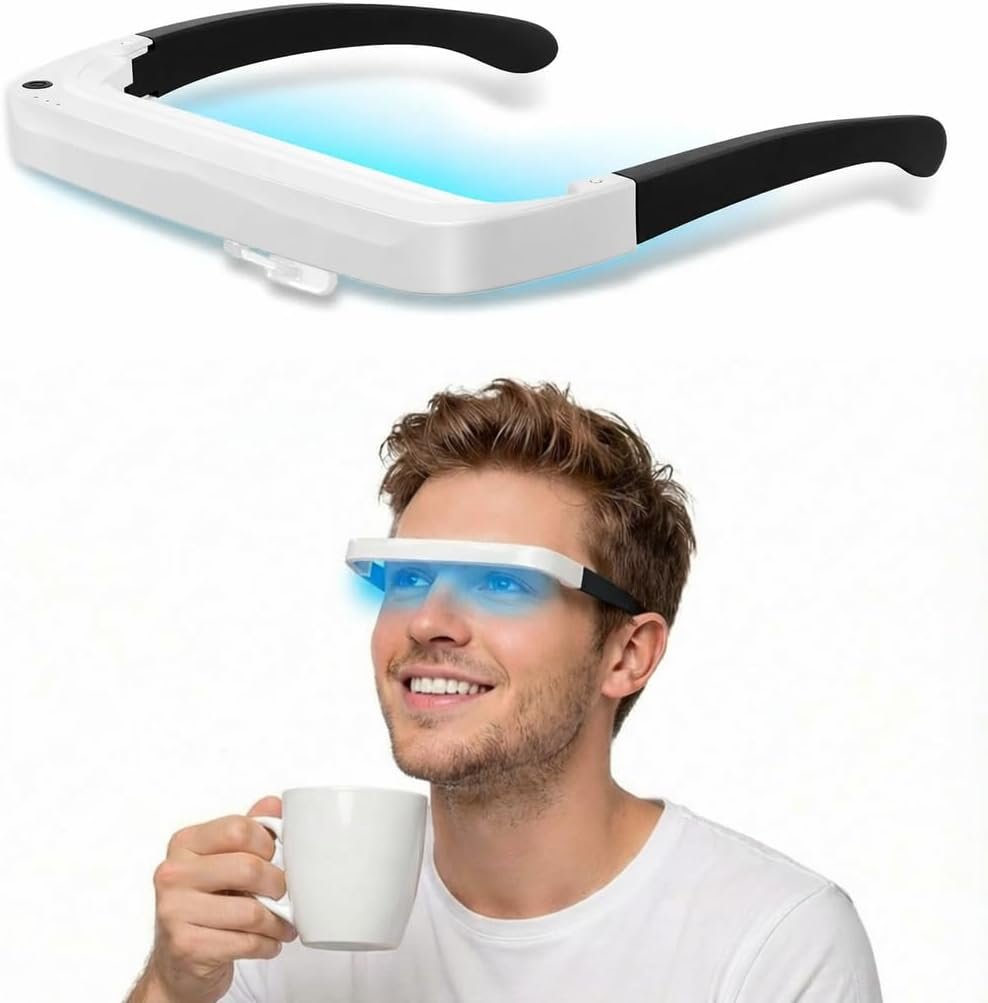Light Therapy Glasses, Blue-White UV-Free Light Therapy Lamp, Portable Daylight Lamp, Wearable Sunlight Lamp, Boost Energy, Relief for Sleep Problems, Jet Lag, Equivalent to 10000 Lux