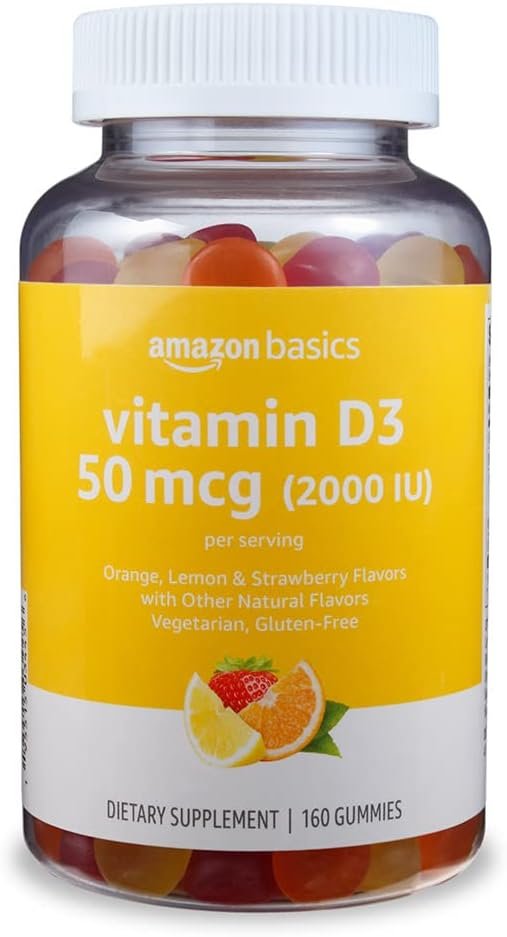 Amazon Basics Vitamin D3 2000 IU Gummies, Orange, Lemon & Strawberry, 160 Count (2 per Serving) (Previously Solimo)