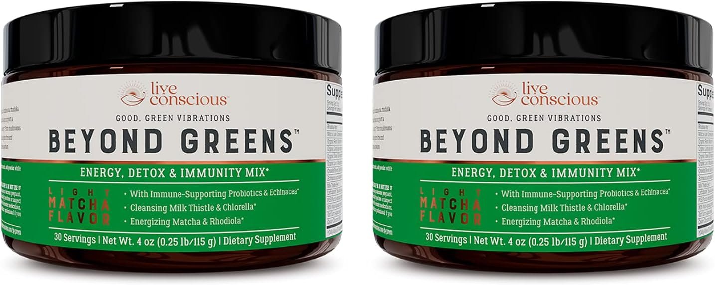 Live Conscious Beyond Greens Concentrated Superfood Powder – Matcha Flavor w/Chlorella, Echinacea, Probiotics for Immune Support & Energy – 30 Servings (2-Pack)
