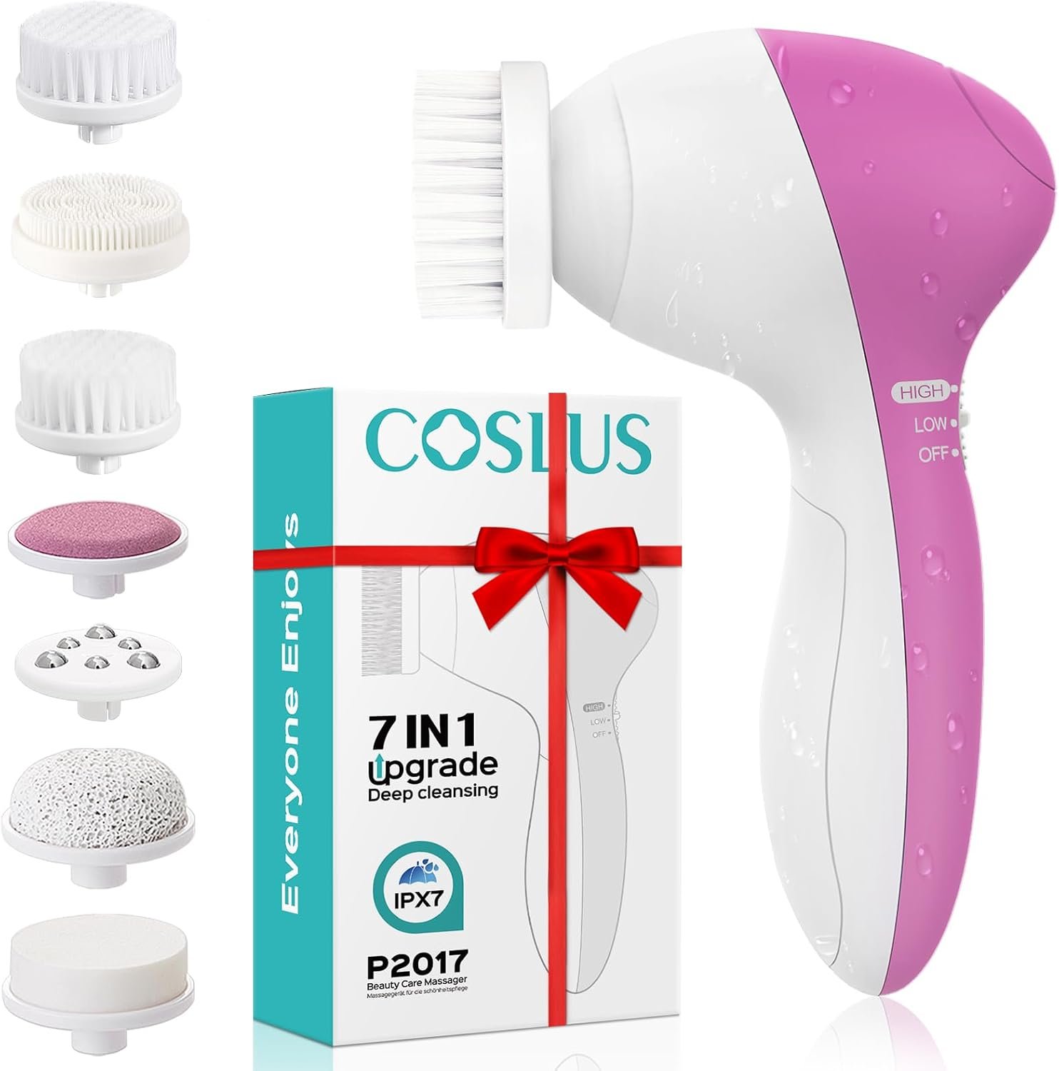 COSLUS Facial Cleansing Brush Face Scrubber, Upgrade Set, Pearl Pink