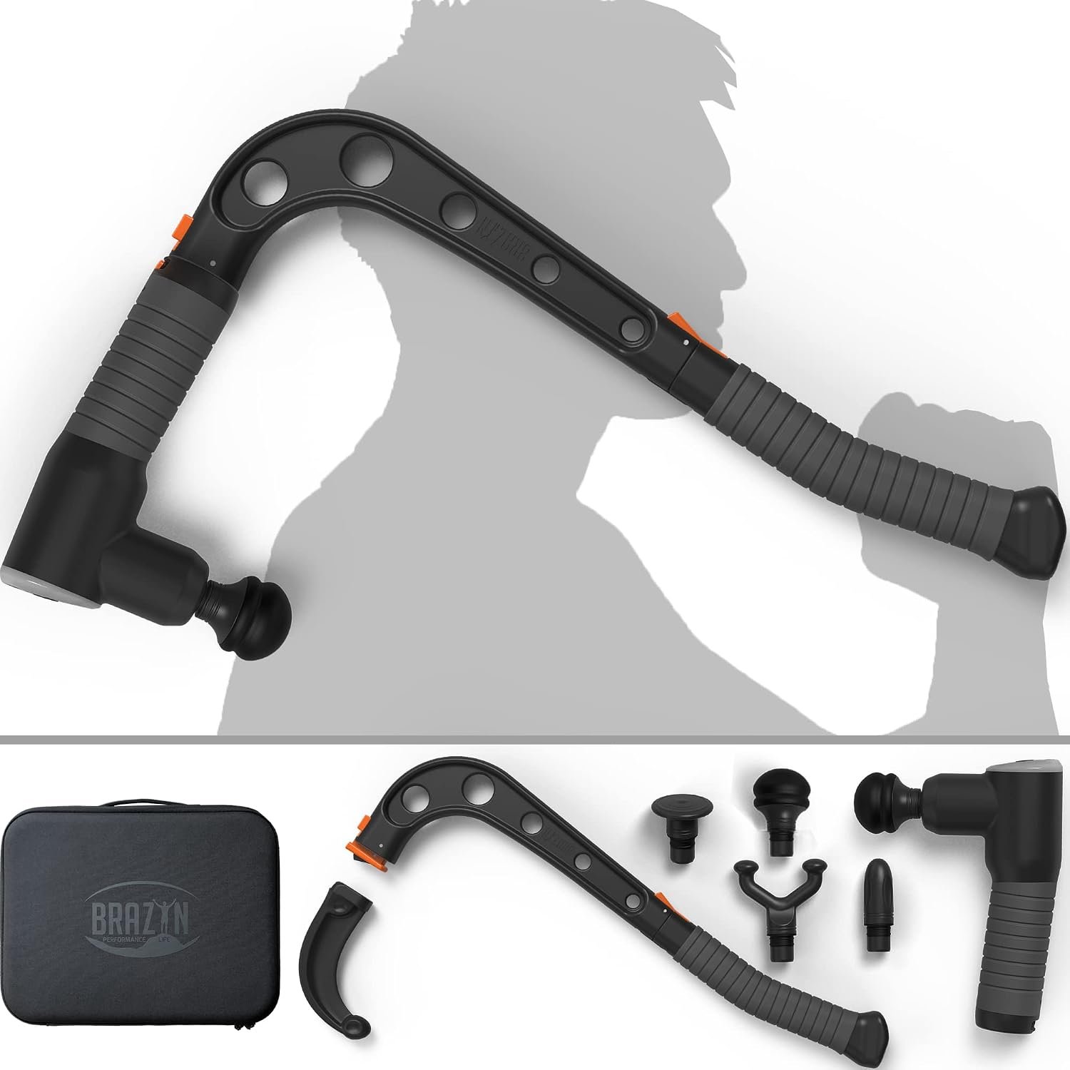 Brazyn – Talon Percussion Massage Gun + Massage Cane + Gun Holder System – Deep Tissue Muscle Massager with Arm Attachment for Whole Body Pain Relief, Upper and Lower Back, Neck & Shoulder Relaxer