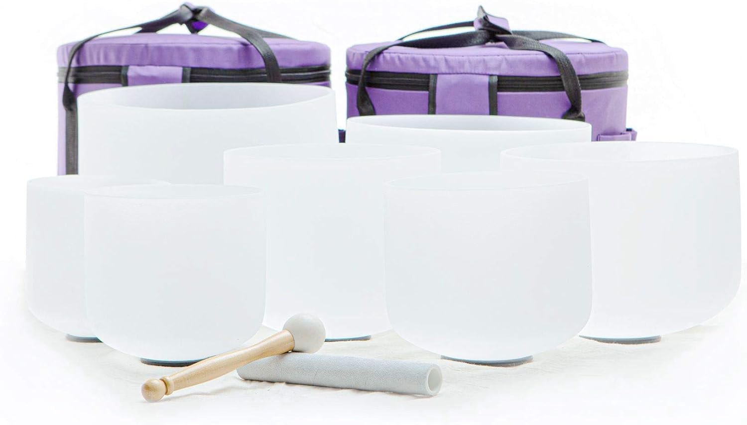 Leize Crystal Singing Bowl with Carrying Case, White, Set of 7 size 6-12″ A-G Note 432 hz