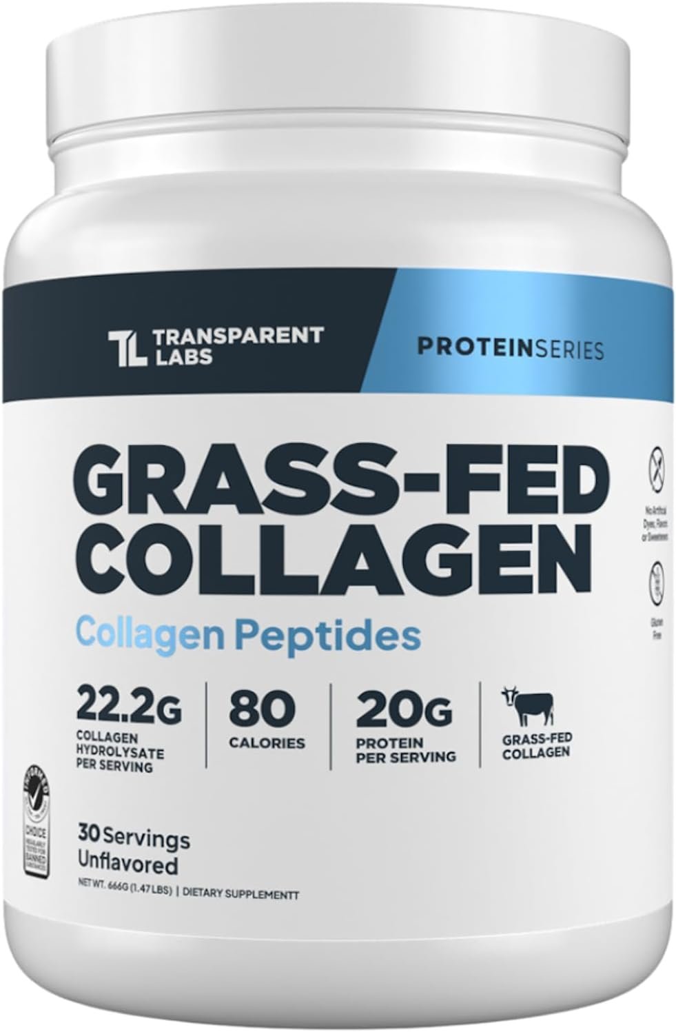 Transparent Labs Grass-Fed Collagen Peptides – 30 Servings, Unflavored