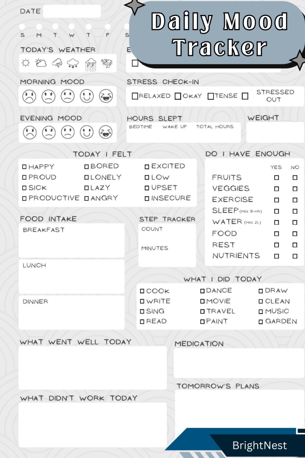 Daily Mood Tracker: Selfcare Journal: 120page | Track Mood, Stress, Energy, Sleep, Food, Habits, and Daily Reflection | Undated