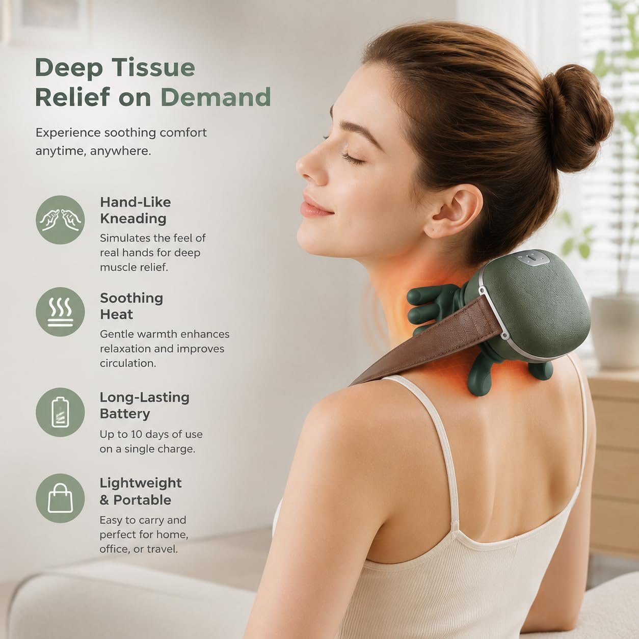Neck Massager with Heat, 4D Bionic Finger Neck and Shoulder Massager, Hands-Free Cordless Deep Tissue Kneading Massager for Muscle Relaxation, Gifts for Women Men, Green