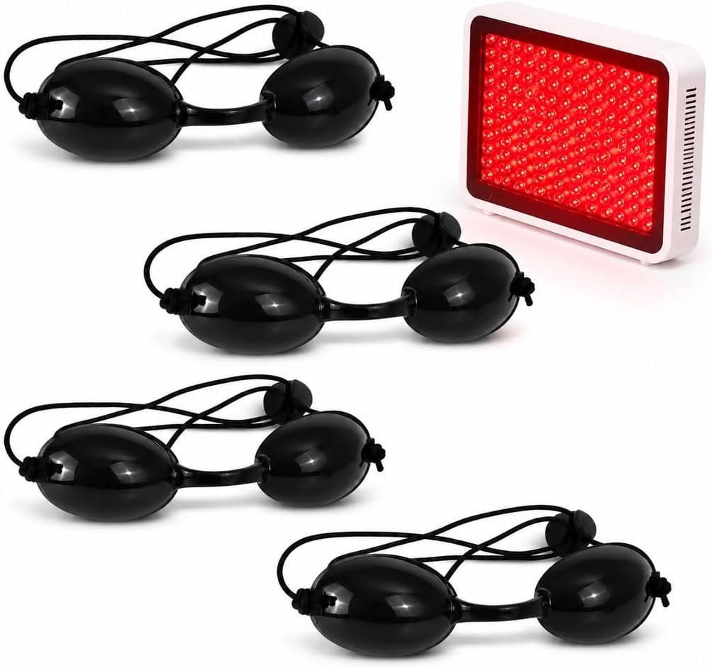 4 Pack Red Light Therapy Glasses, Half-Clear Eyes Protection for Tanning Bed, Adjustable Safety Goggles for Sunbed, Sunbathing & Laser Beauty Treatment with See-Through Design