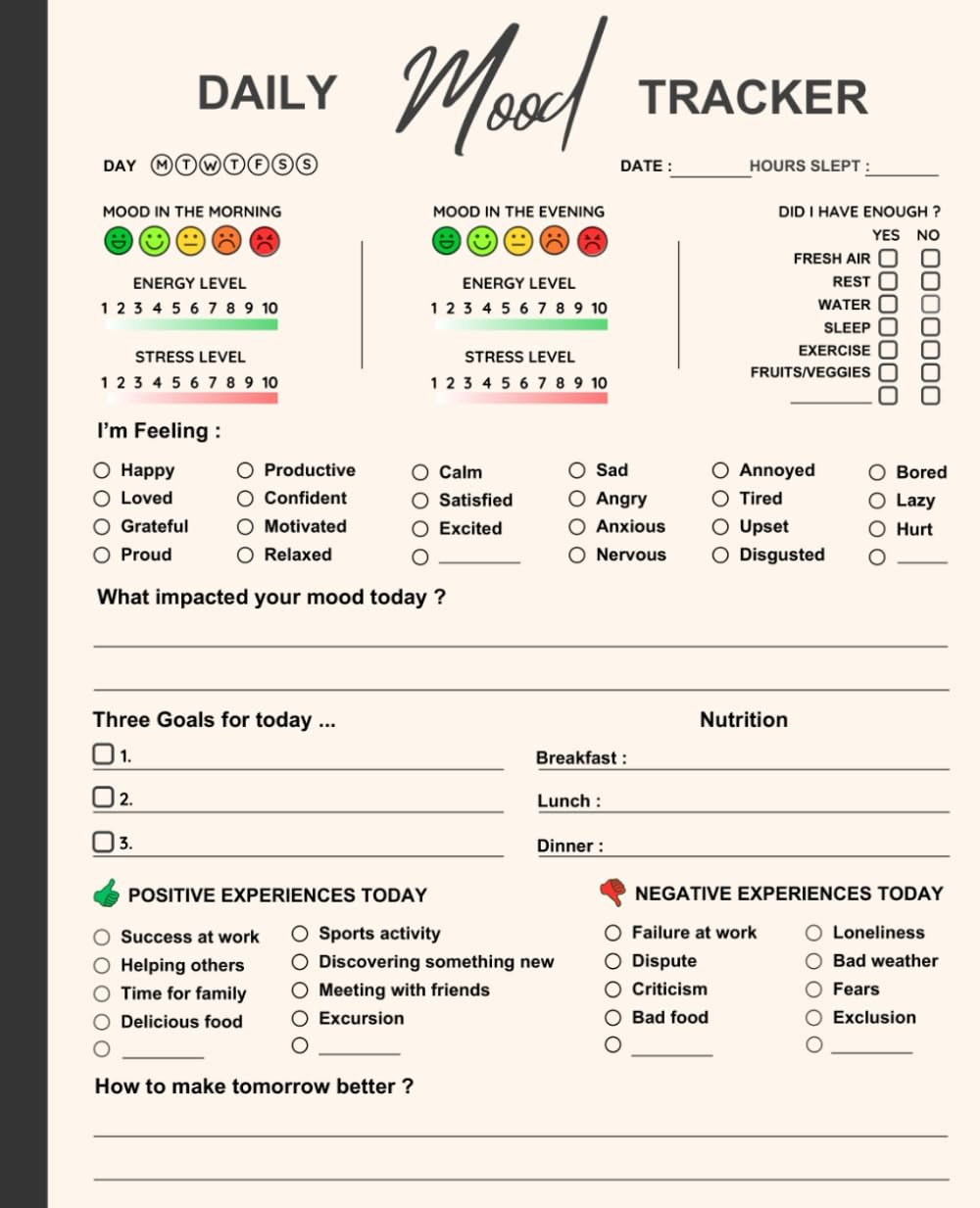Mood Tracker Journal: Daily Mood Tracker Notebook | Daily Health & Wellness Diary with Prompts | Mental Health Diary