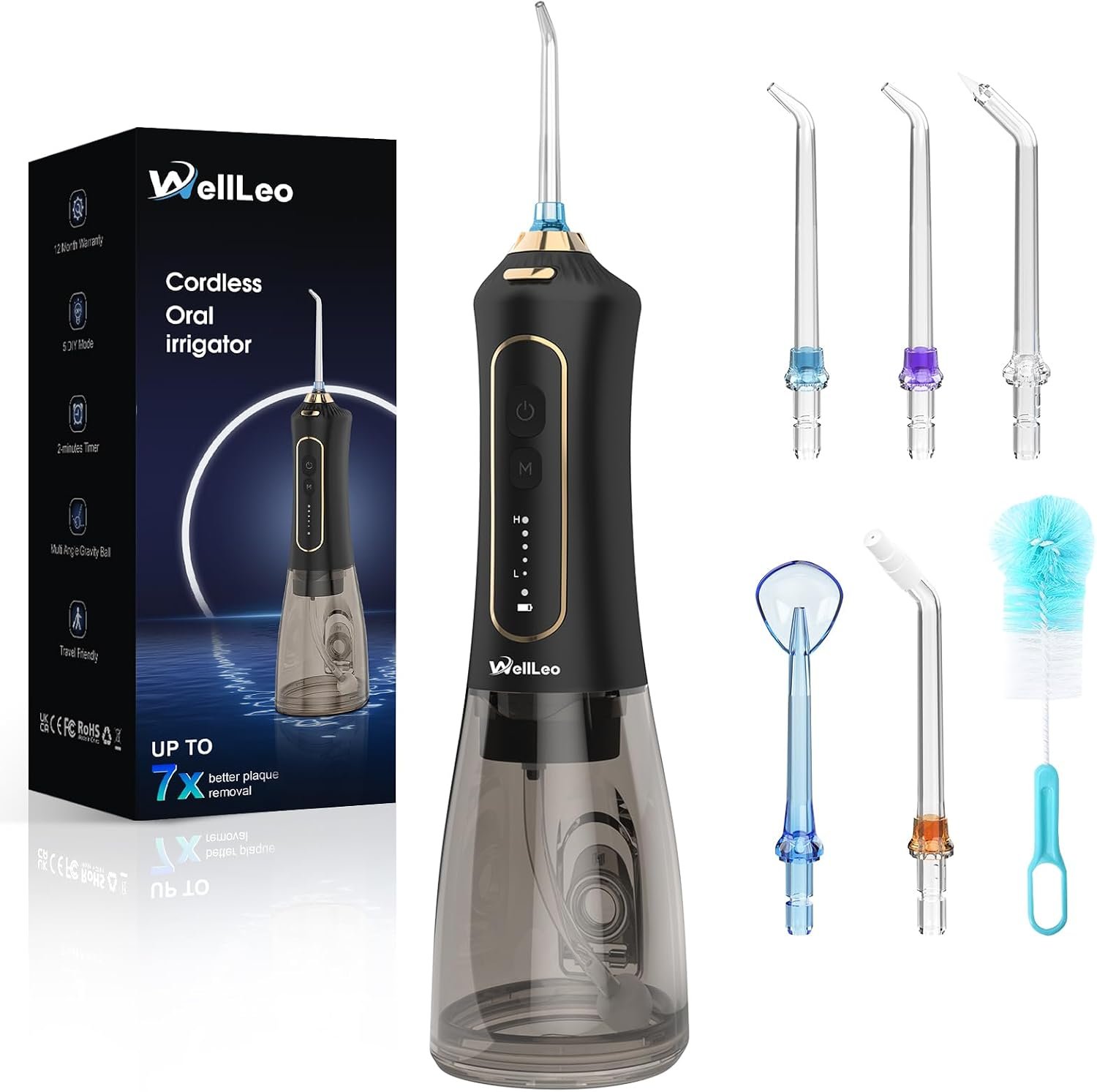 WellLeo Water Flossers for Teeth, 300ML Cordless Oral Irrigator Rechargeable Dental Flosser Picks with 5 Modes 5 Jet Tips,IPX7 Waterproof Teeth Cleaner for Braces Gum Care, Home Travel Use
