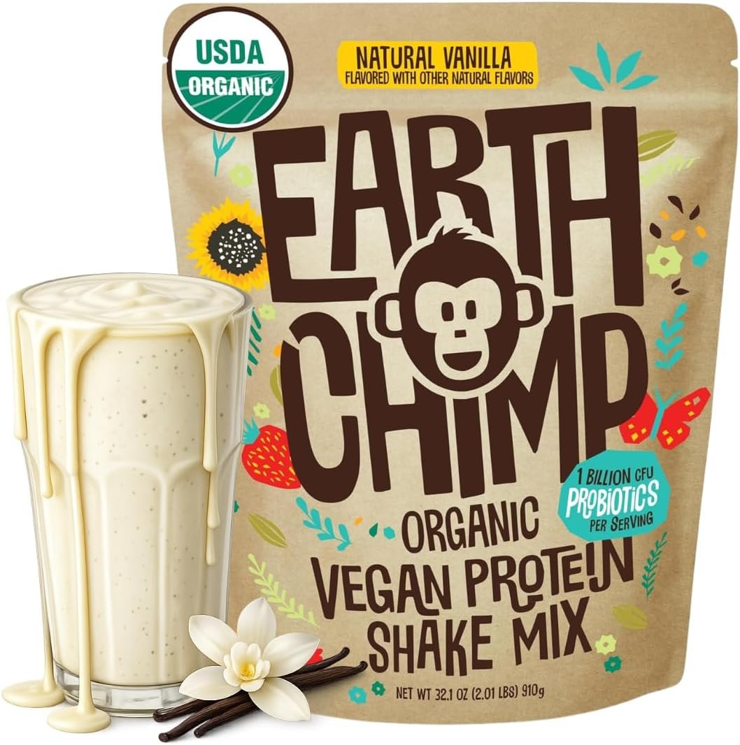 EarthChimp Organic Vegan Protein Powder with Probiotics, 26 Servings 32 Oz