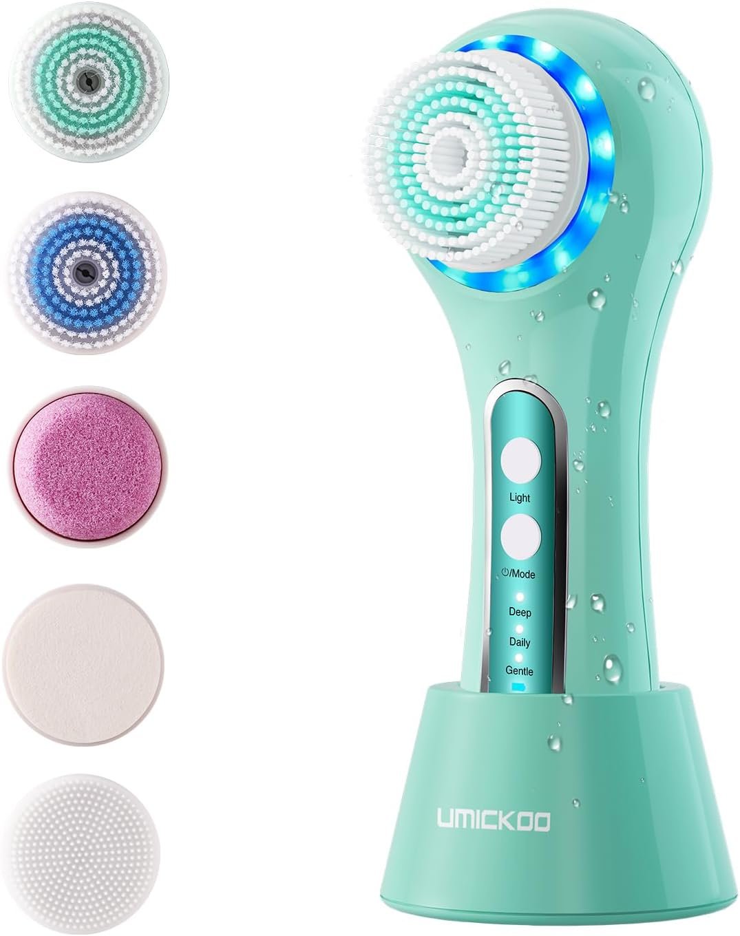 UMICKOO Electric Facial Cleansing Brush, 2-Way Rotating Face Scrubber for Daily & Deep Cleaning, 3 Modes, 5 Brush Heads, Rechargeable, IPX7 Waterproof for All Skin Types