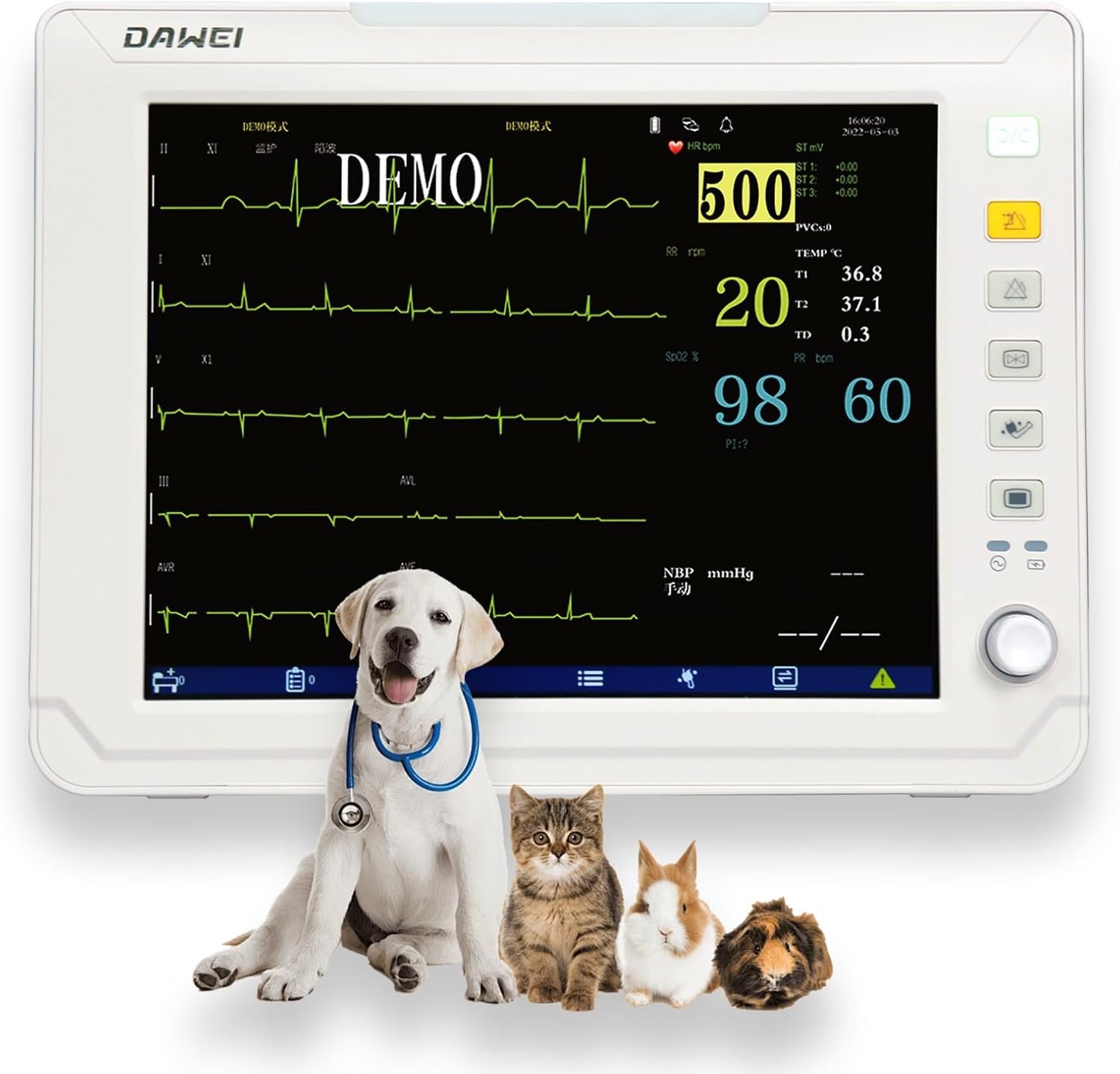 12.1″ Veterinary Vital Signs Monitor for Pets, Animal ECG, SpO2, Blood Pressure, Respiration & Temperature Monitoring for Dog, Cat and Small Animals
