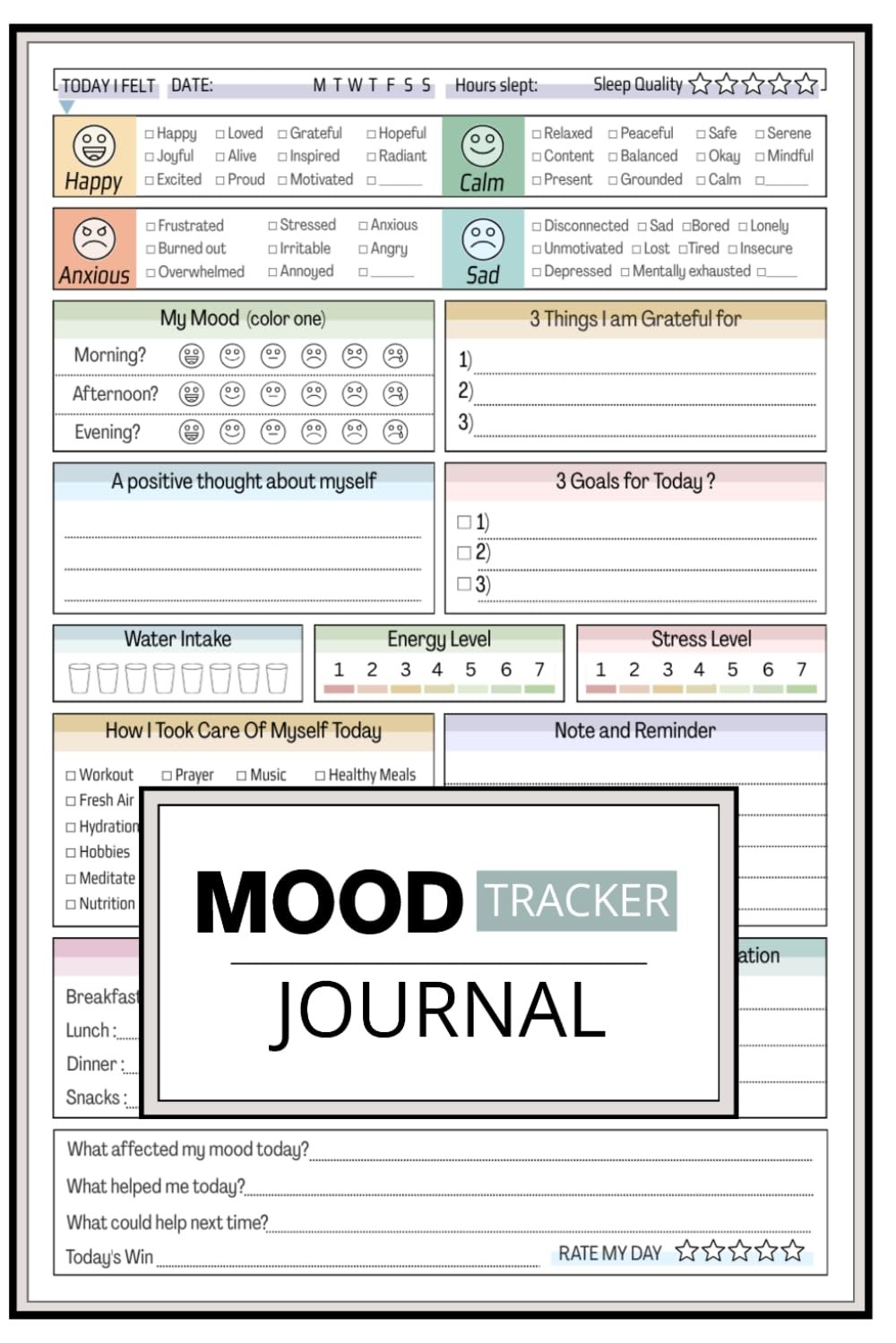 Mood Tracker Journal: Undated Daily & Weekly Pages with Prompts for Mental Health, Stress, Anxiety and Self-Care — Includes Yearly Mood Tracking