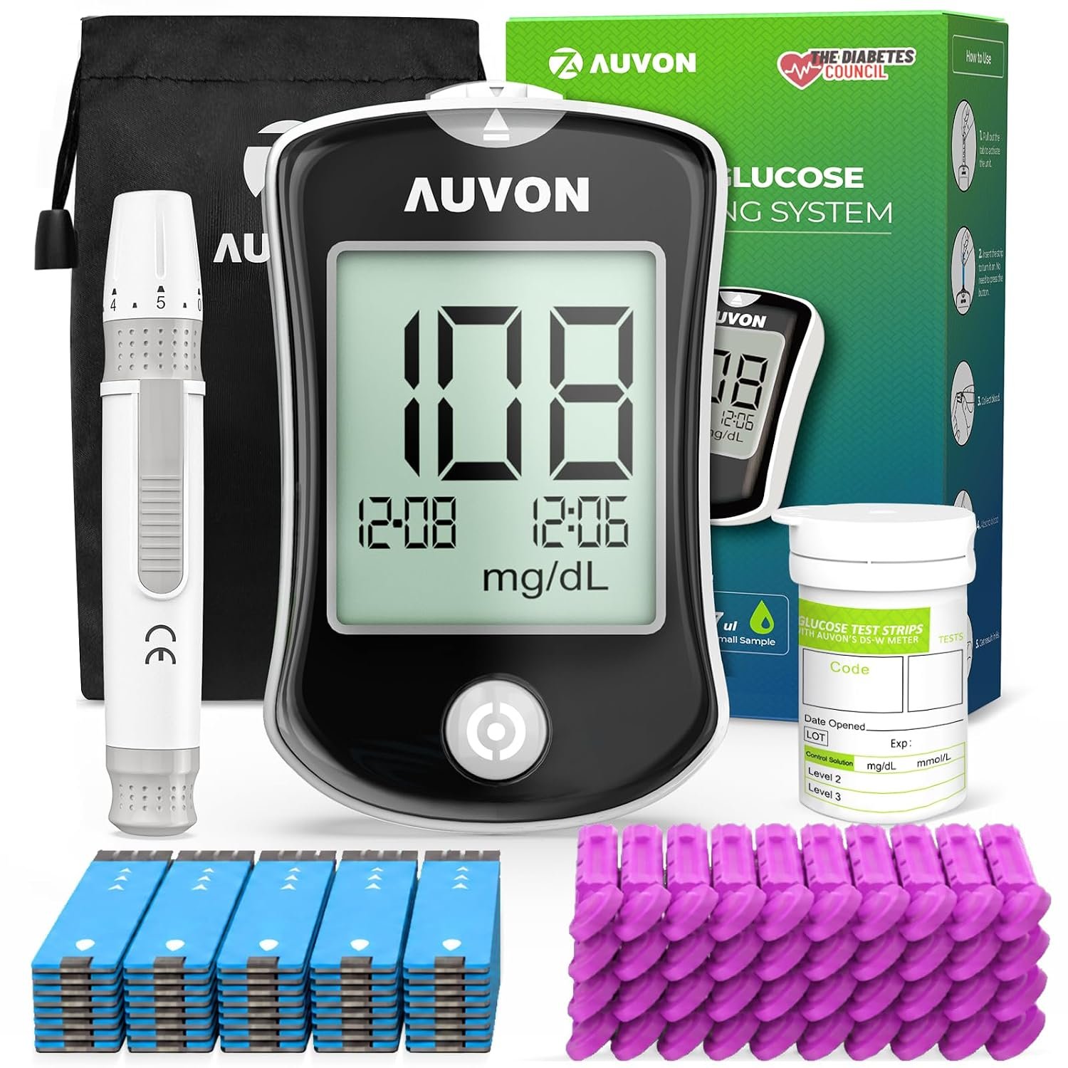 AUVON Blood Glucose Monitor Kit for Accurate Test, 50 Strips, No Coding