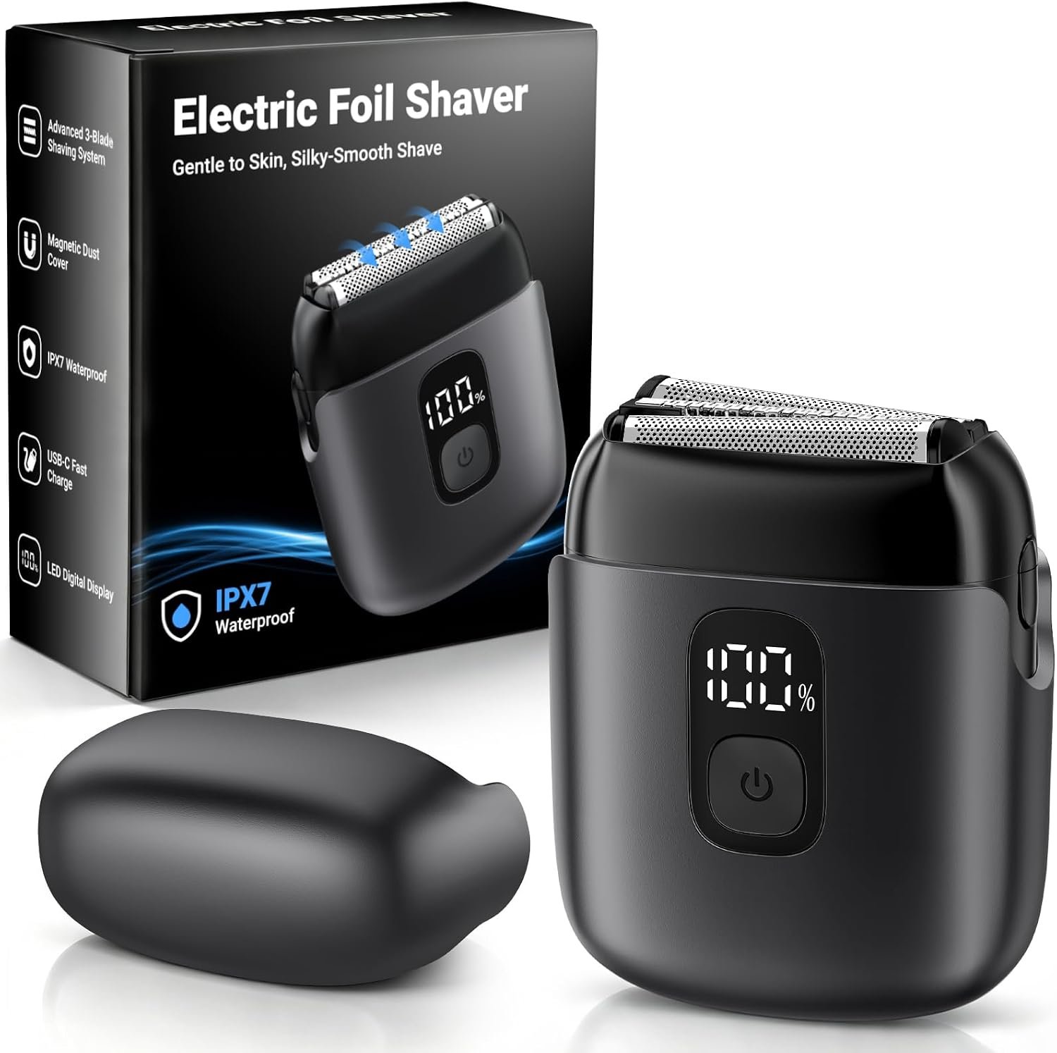 Electric Foil Shavers for Men, Mini Electric Razor with 3 Floating Blades, IPX7 Waterproof Cordless Shaver, LED Battery Display, USB-C Fast Charging & Travel Lock, Matte Grey