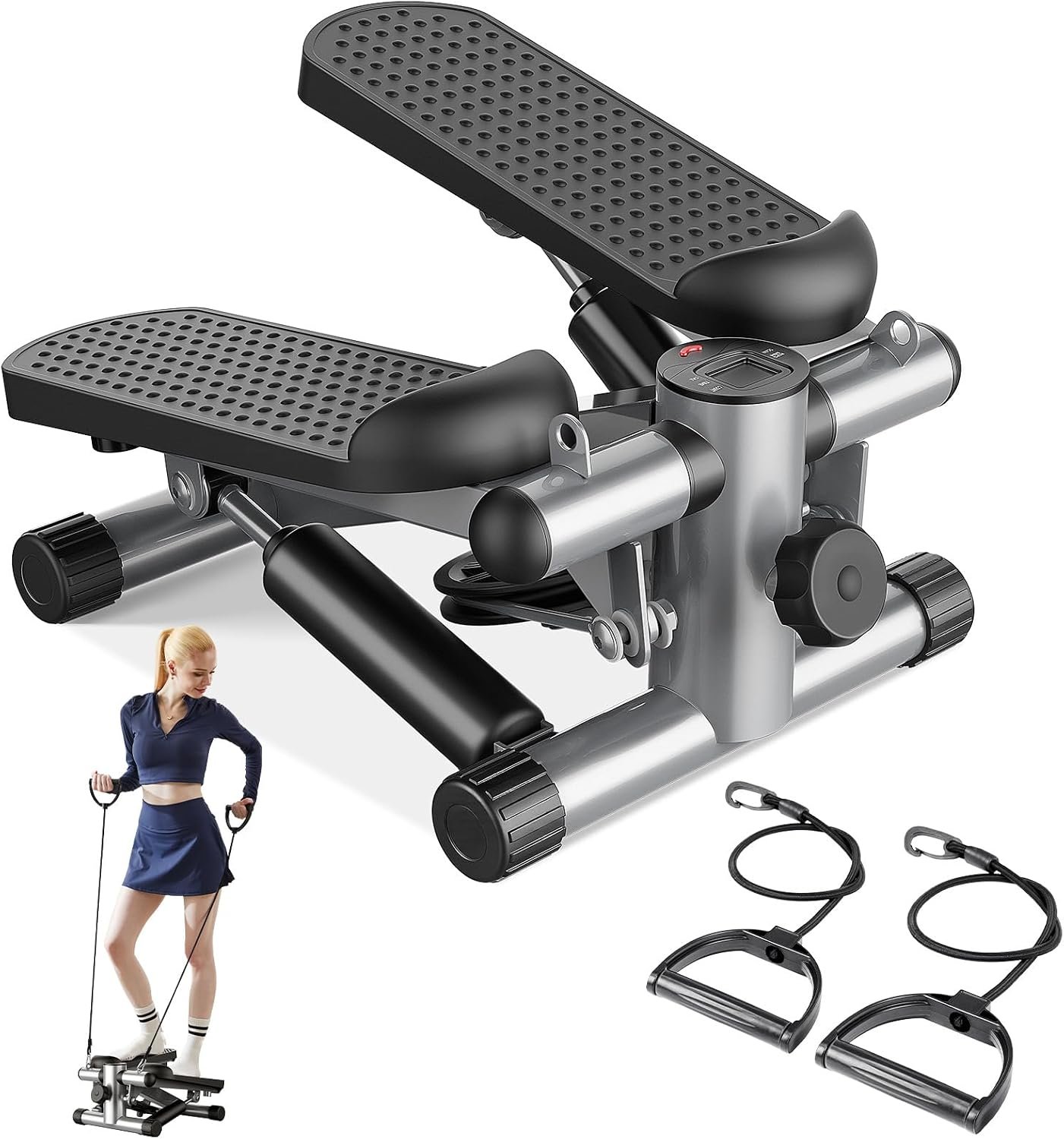 Sweetcrispy Mini Stair Steppers with Resistance Bands for Exercise at Home, Portable Exercise Twist Stepper Machine for Full Body Workout, 300LBS Capacity