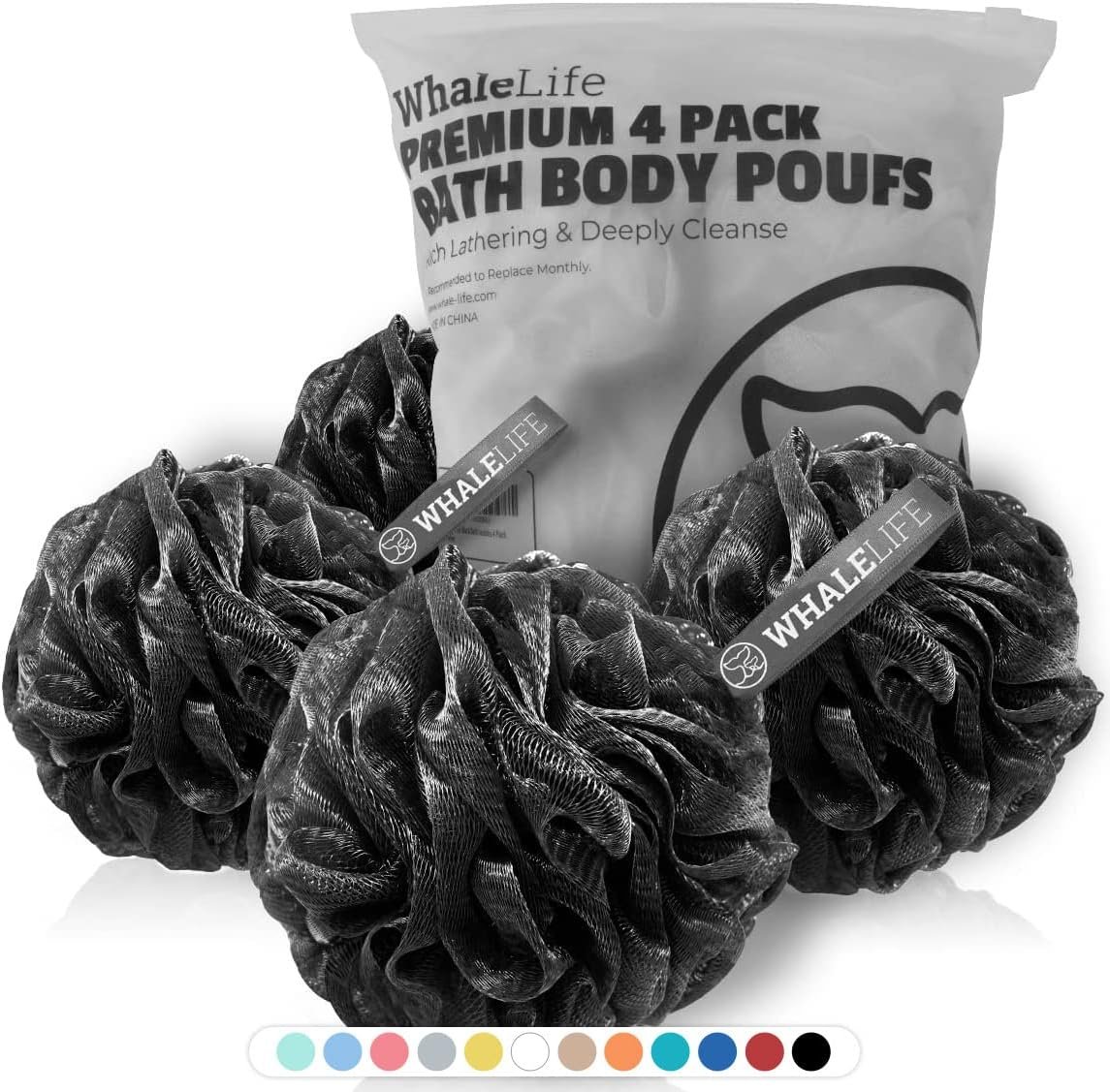 WhaleLife Bath Loofah Sponge for Shower – Body Scrubber 4-Pack Black