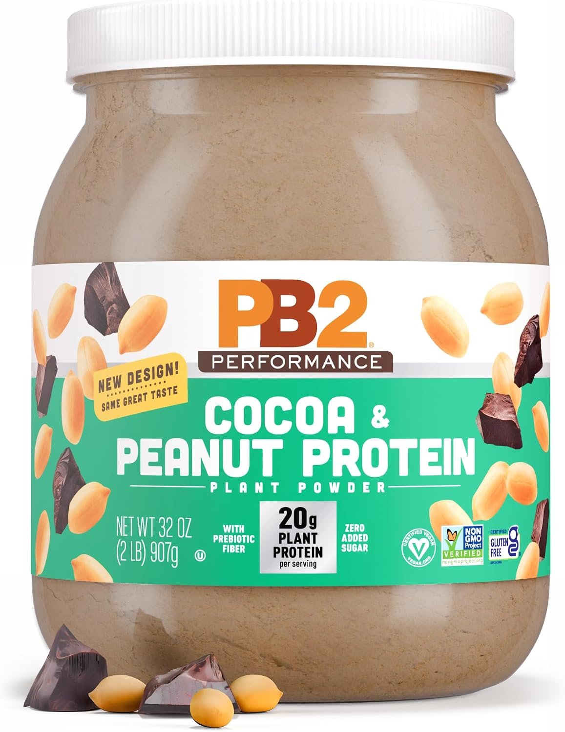 PB2 Performance Peanut Plant Based Vegan Protein Powder | 20g Complete Protein, No Added Sugar, Prebiotic Fiber | Dairy Free, Certified Vegan, Non-GMO, and Gluten Free [Peanut with Dutch Cocoa, 2lb]