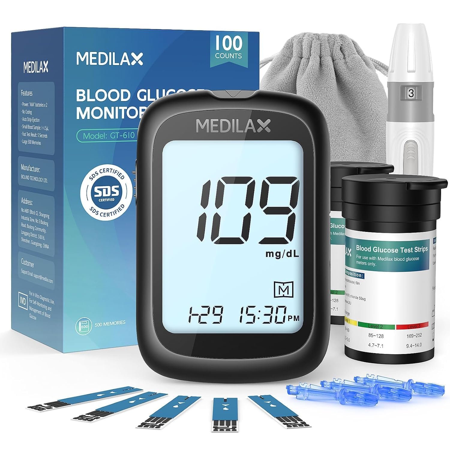 Medilax Blood Glucose Monitor Kit, Blood Sugar Testing Kit with 100 Strips