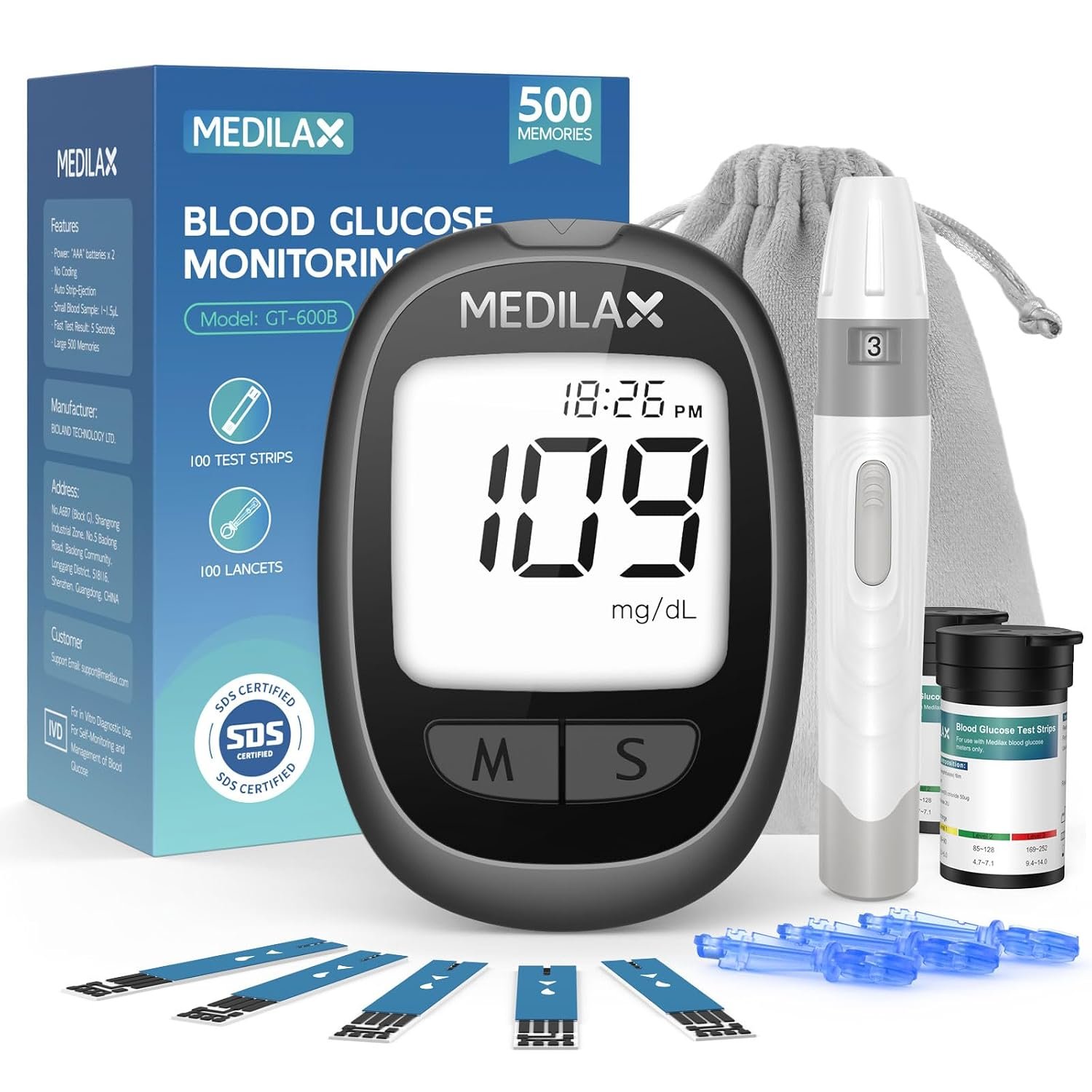 Medilax Blood Glucose Monitor Kit, Blood Sugar Testing Kit with 100 Strips