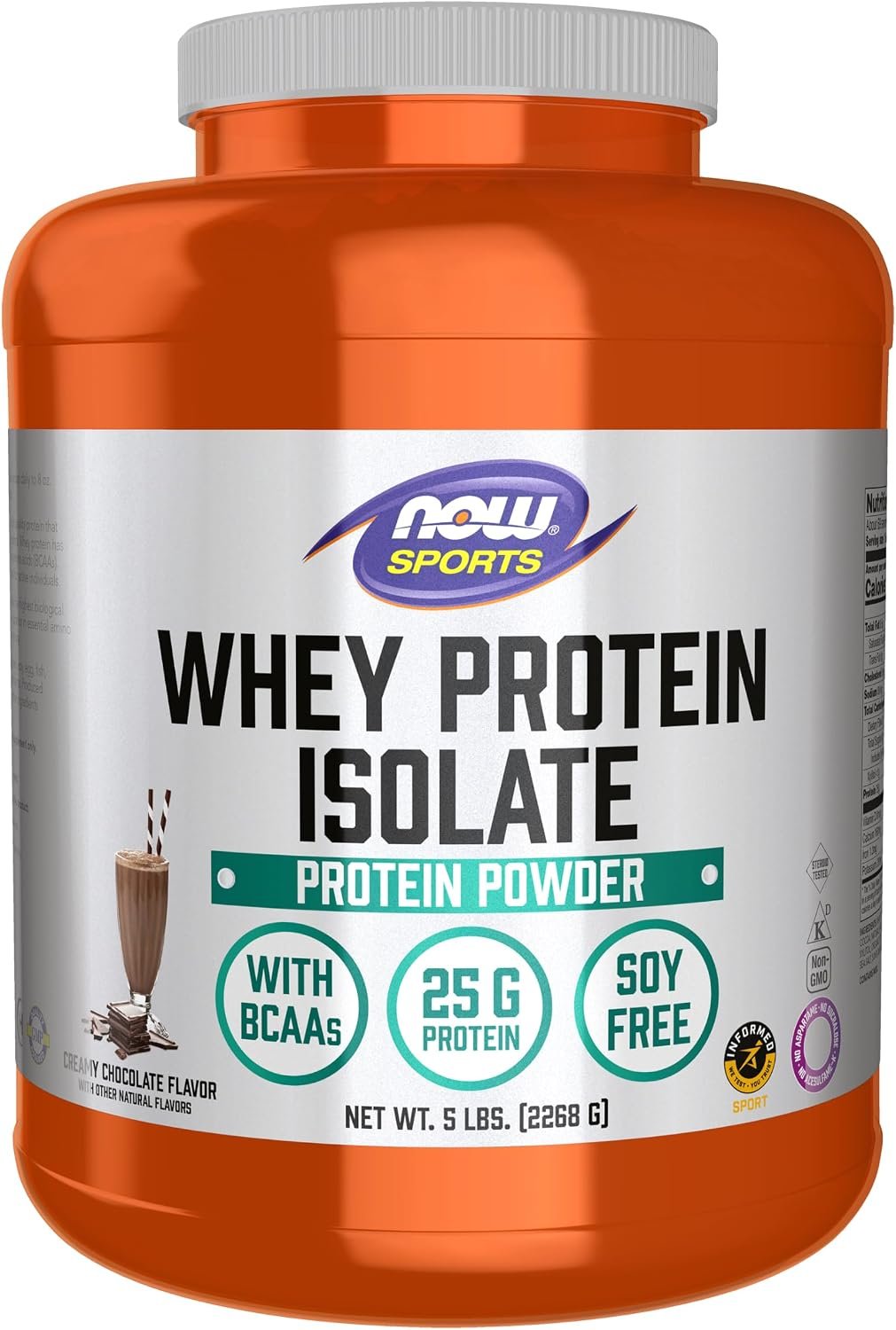NOW Sports, Whey Protein Isolate 25 g With BCAAs, Chocolate Flavor, 5 lbs