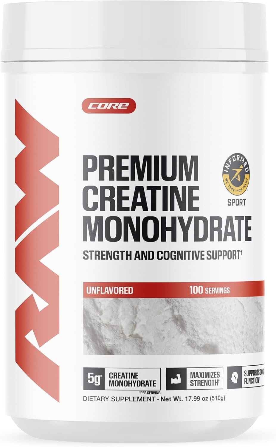 RAW Nutrition Creatine Monohydrate Powder, Unflavored, 100 Servings