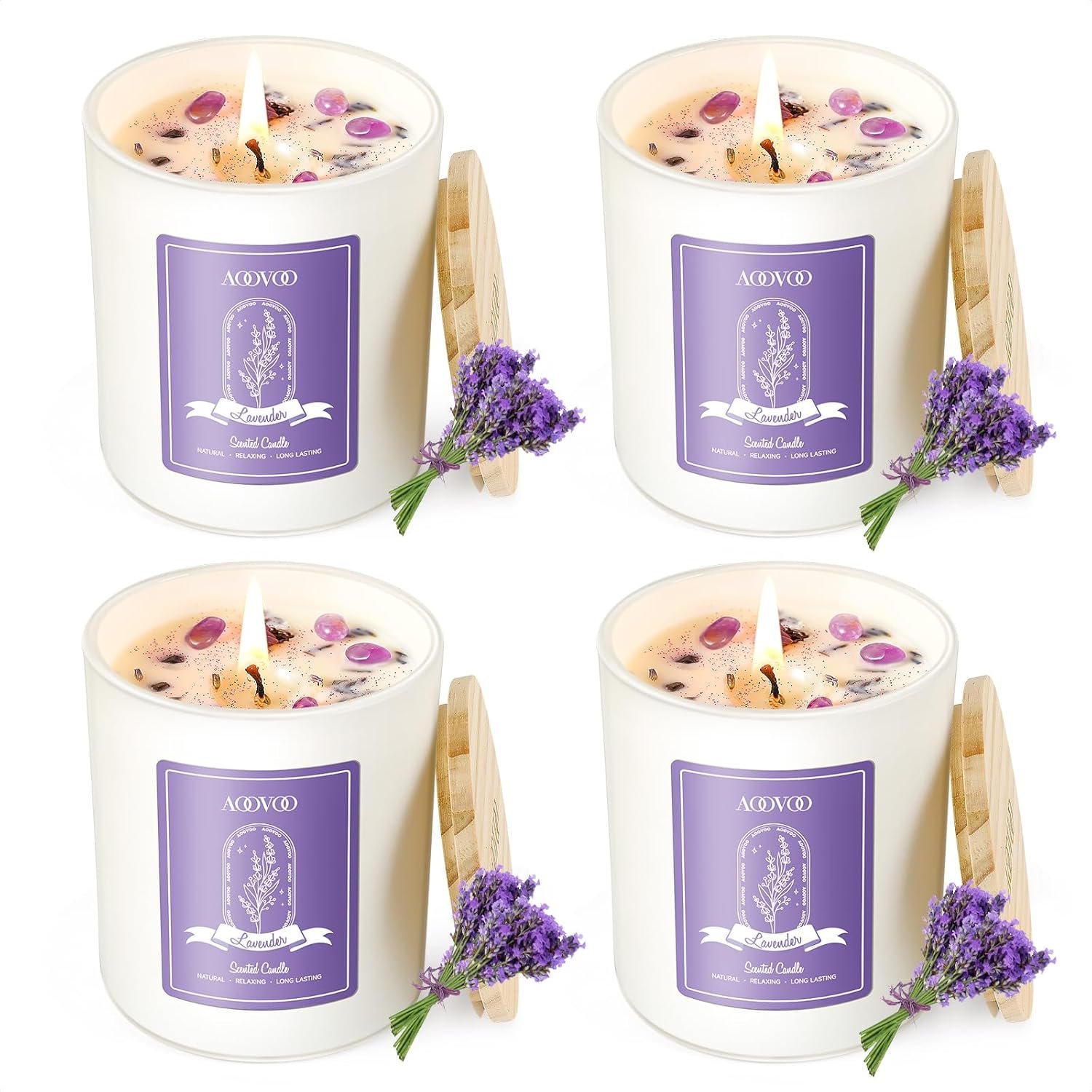 AOOVOO Lavender Candles Set for Women – 4 Pack Candles for Home Scented, Aromatherapy Candle with Crystals Inside, 28 oz 200 Hour Long Lasting, Birthday Gifts Mothers Day Candle for Women Mom