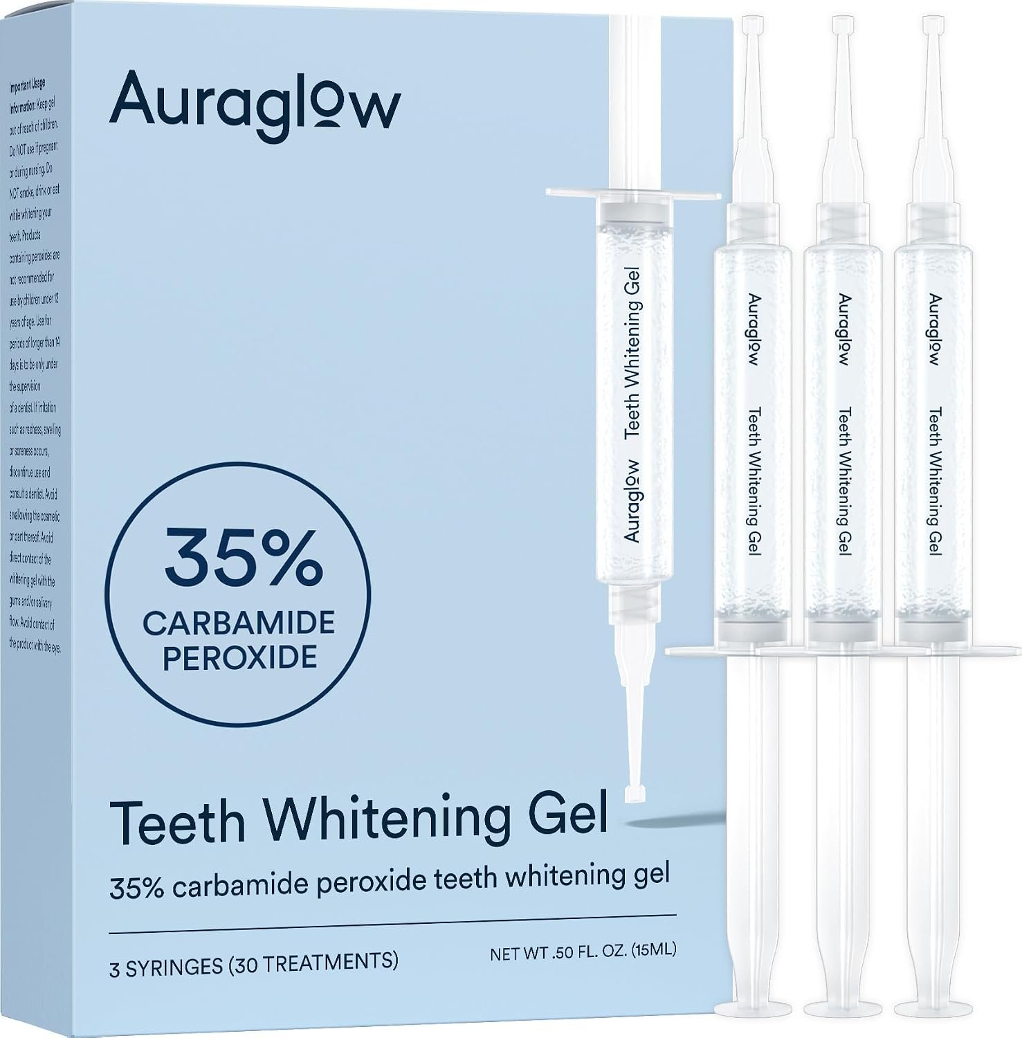 Auraglow 35% Teeth Whitening Gel for Trays, Retainers & Aligners – Dentist Strength Carbamide Peroxide Whitener, 30 Treatments, 3 Syringes (5mL)