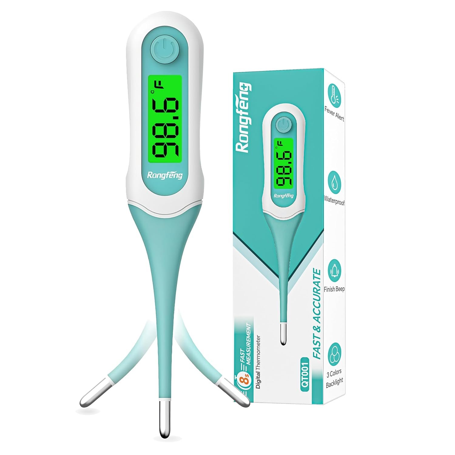 Digital Oral Thermometer for Adults Kids, 8‑Second Fast Reading Soft Flexible Tip Thermometer, 3‑Color Backlight Fever Alarm, Waterproof, Oral Rectal Underarm Use,with Storage Case