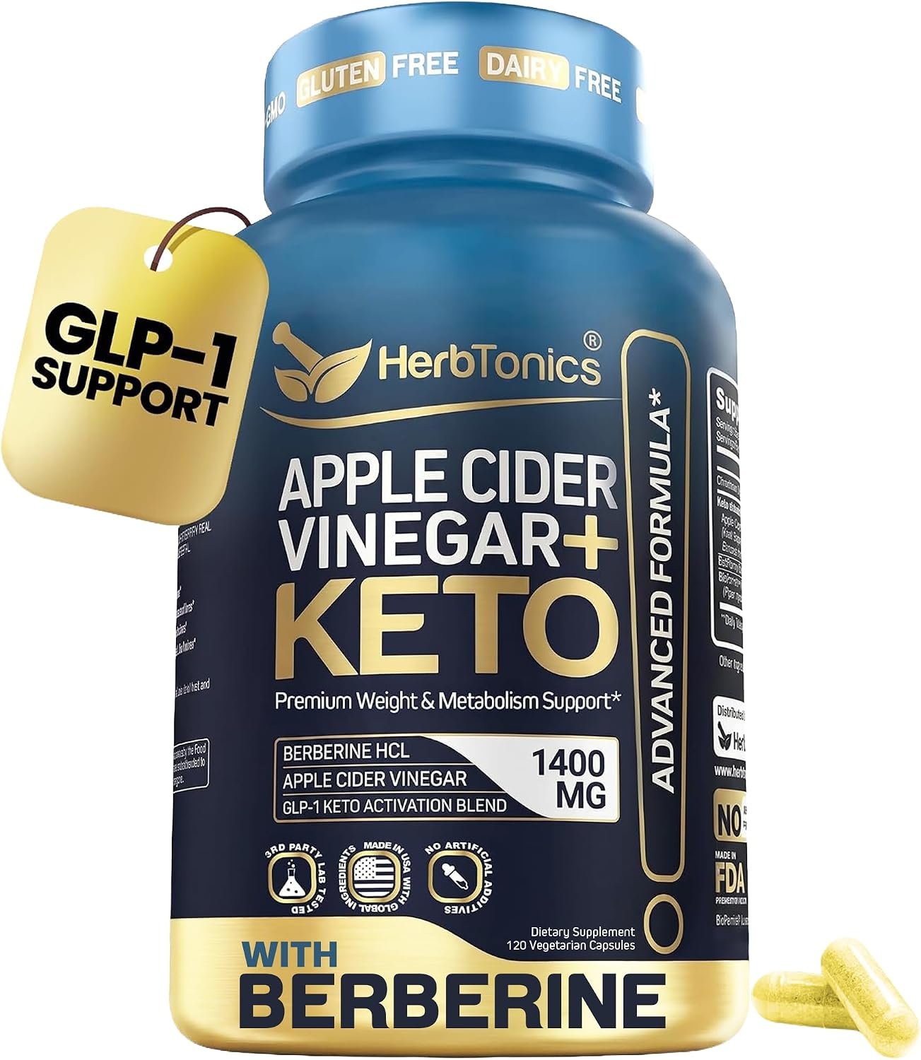 Herbtonics Apple Cider Vinegar + Keto Advanced with Berberine | GLP-1 Support for Appetite, Cravings & Weight Management | Ceylon Cinnamon, Chromium & MCT | 120 Capsules, 2-Month Supply