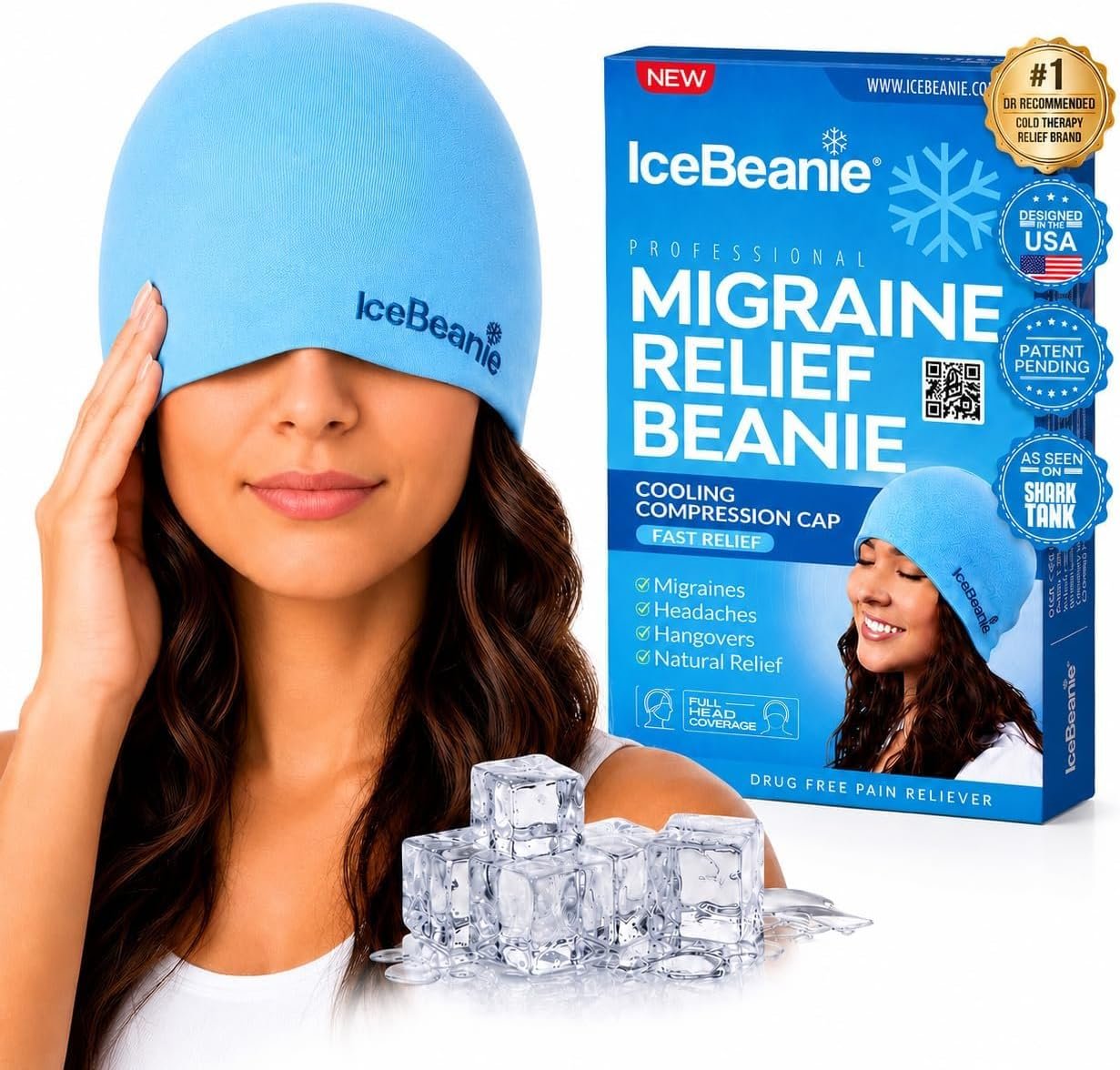 IceBeanie Migraine Relief Cap, Soft & Stretchy Gel Ice Hat, Reusable, Blue