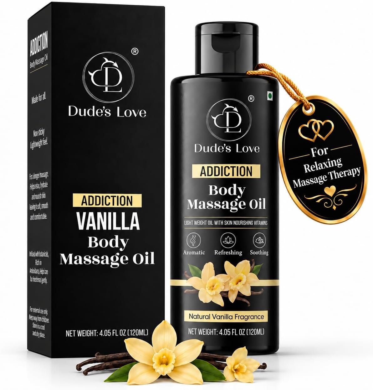 Dude’s Love Vanilla Body Massage Oil Organic Non-Sticky Formula with Fractionated Coconut Oil, Vanilla & Jasmine Oil -Light Moisturizing Massage Therapy – 4.05 Fl Oz