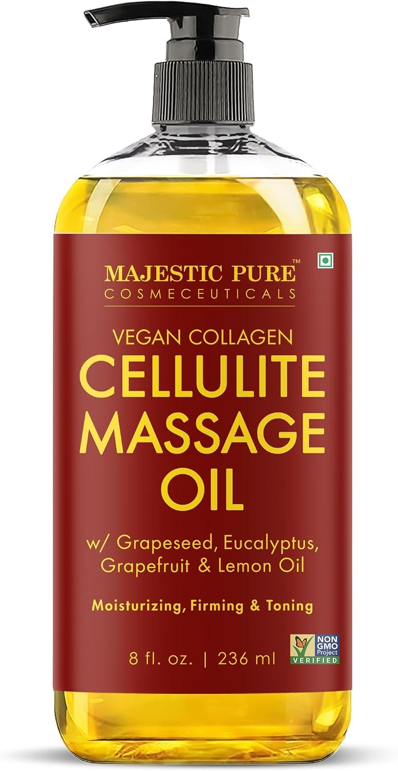 Majestic Pure Cellulite Massage Oil with Vegan Collagen, Body Oil 8 fl oz