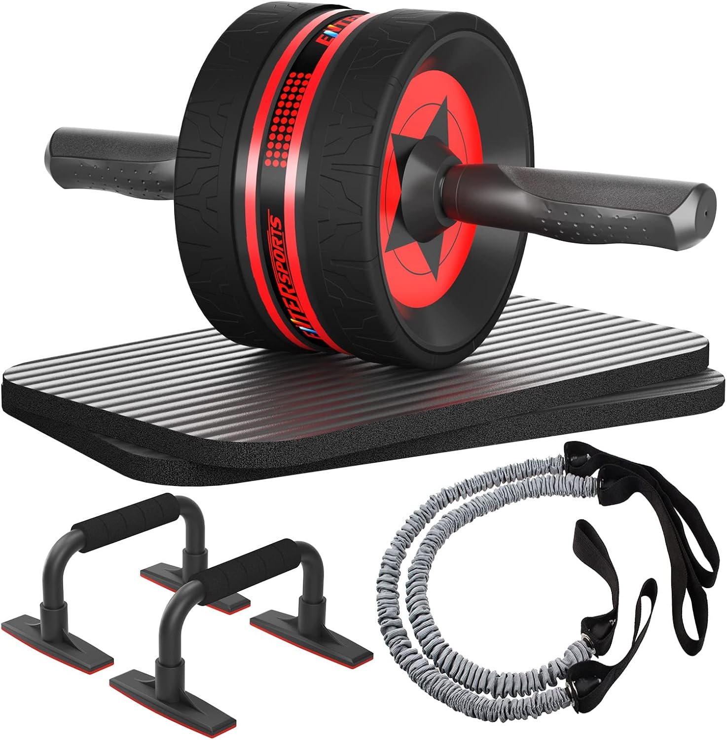 EnterSports AB Wheel Roller, 6-in-1 Exercise Roller Wheel Kit with Knee Pad, Resistance Bands, Pad Push Up Bars Handles Grips, Perfect Home Gym Equipment for Men Women Abdominal Roller (Red)