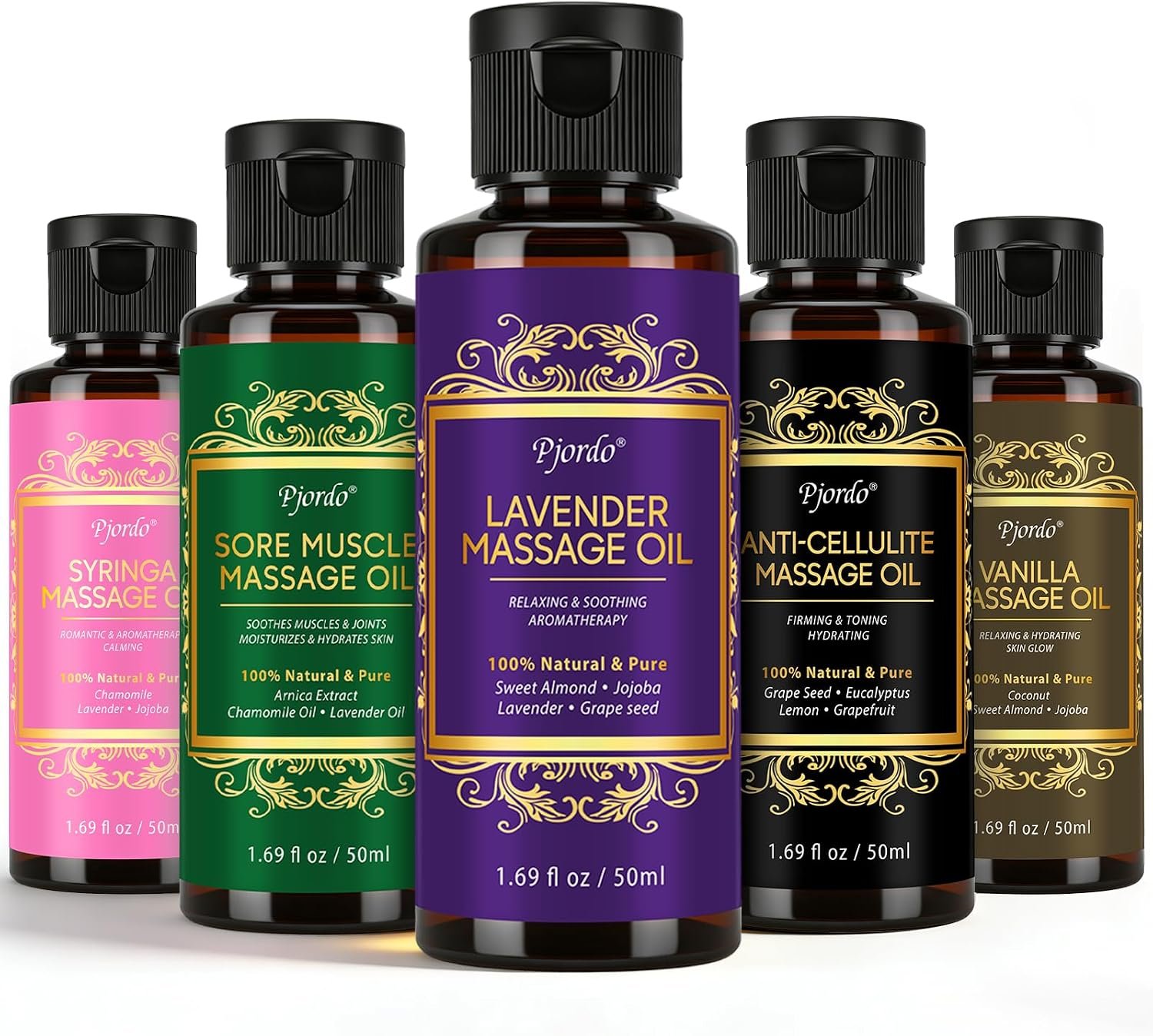 Pjordo 5 Pack Massage Oil for Massage Therapy, Lavender, Vanilla, Sore Muscle, Syringa & Anti Cellulite Massage Oil Kit for Relaxing Muscle & Soothing The Body, Home Spa Gift for Her Him