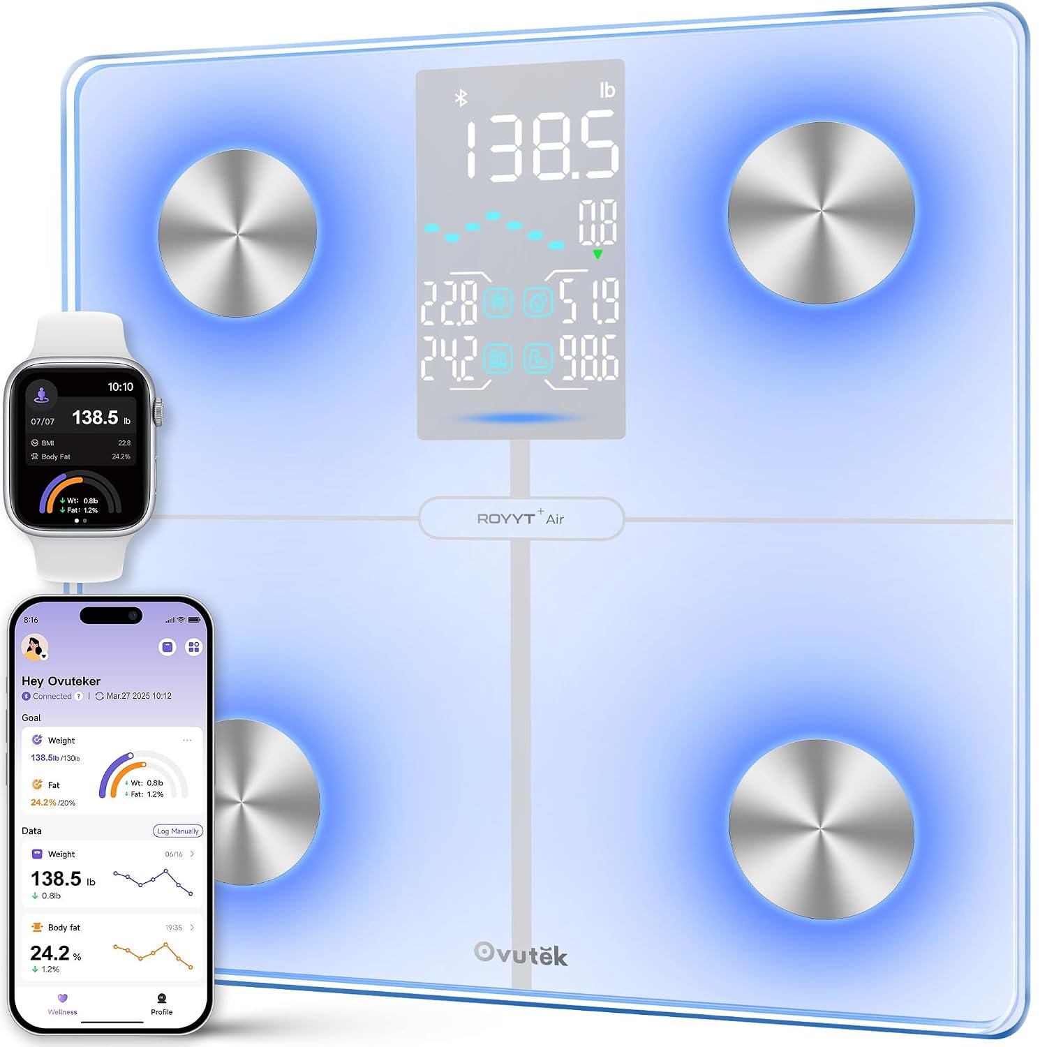 Ovutek Smart Scale for Body Weight, BMI, Muscle Mass, Color-Changing LED