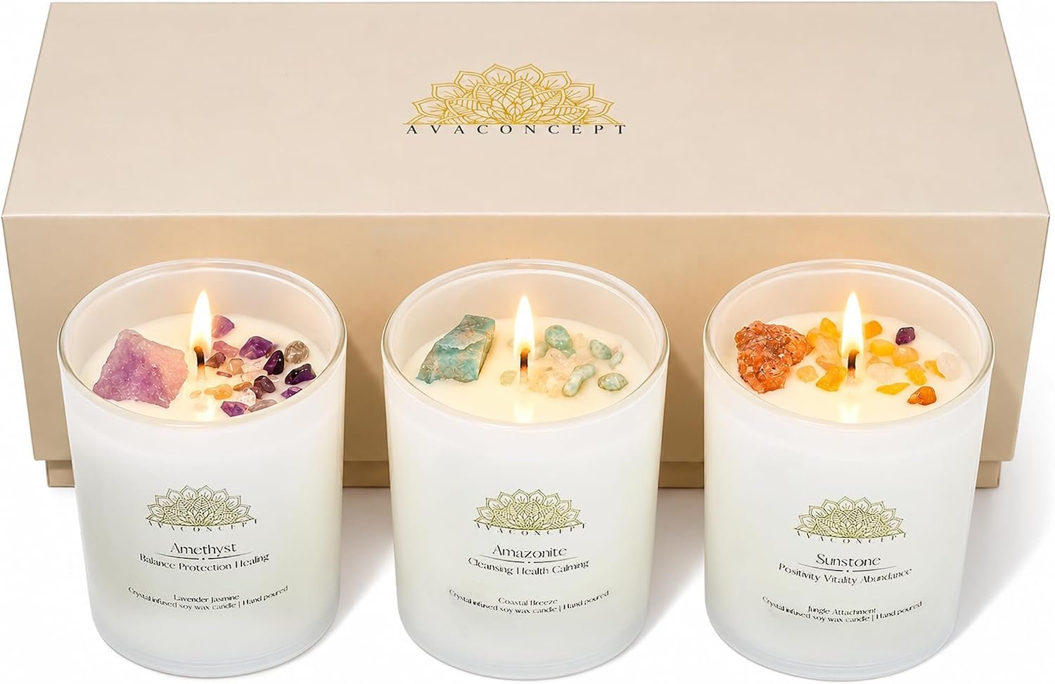 AvaConcept Healing Crystal Candle Gift Set – Set of 3 Amethyst, Amazonite