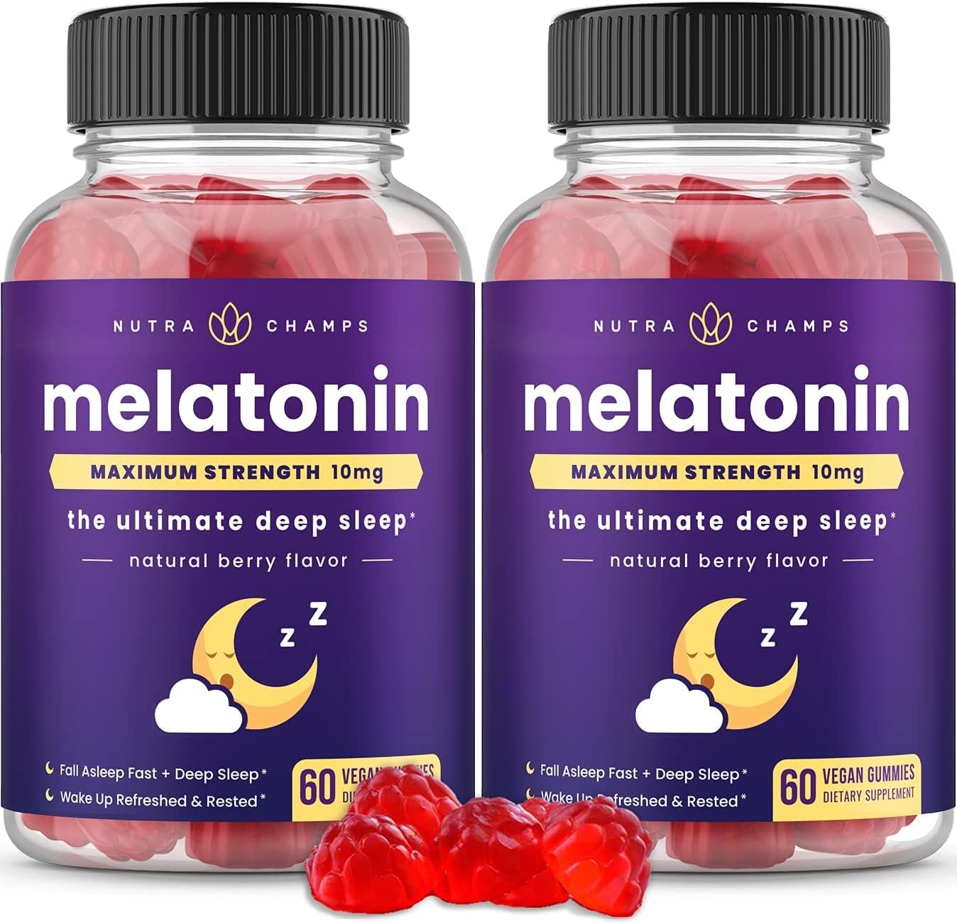 NutraChamps (Pack of 2 Melatonin Gummies for Adults, Extra Strength Sleep Aid Vitamins, 5mg or 10mg Dose, Vegan Natural Strawberry Flavor Supplement for Better Sleep, 120 Gummies